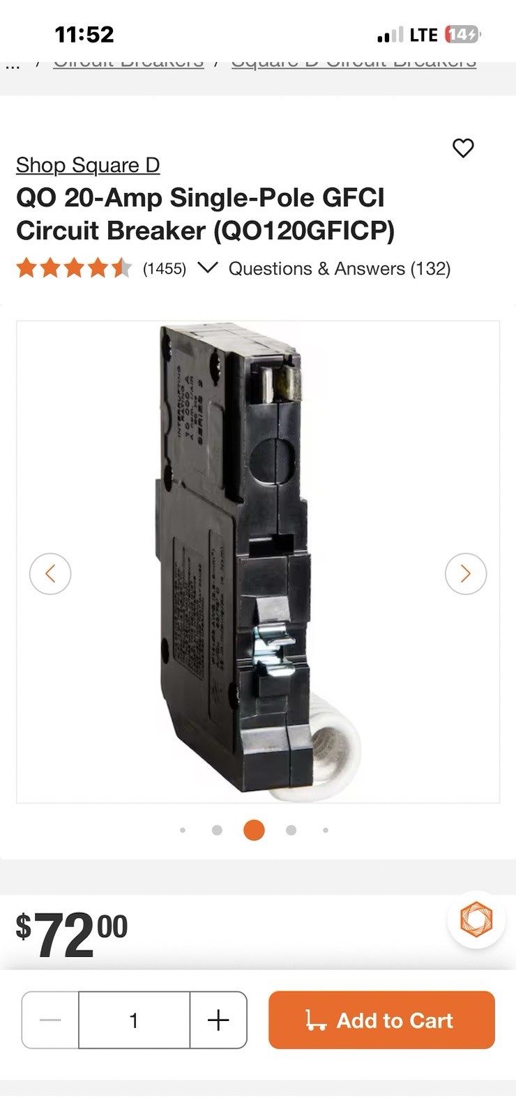 Square D QO120GFICP 20A 1-Pole 120V GFCI Circuit Breaker, Black