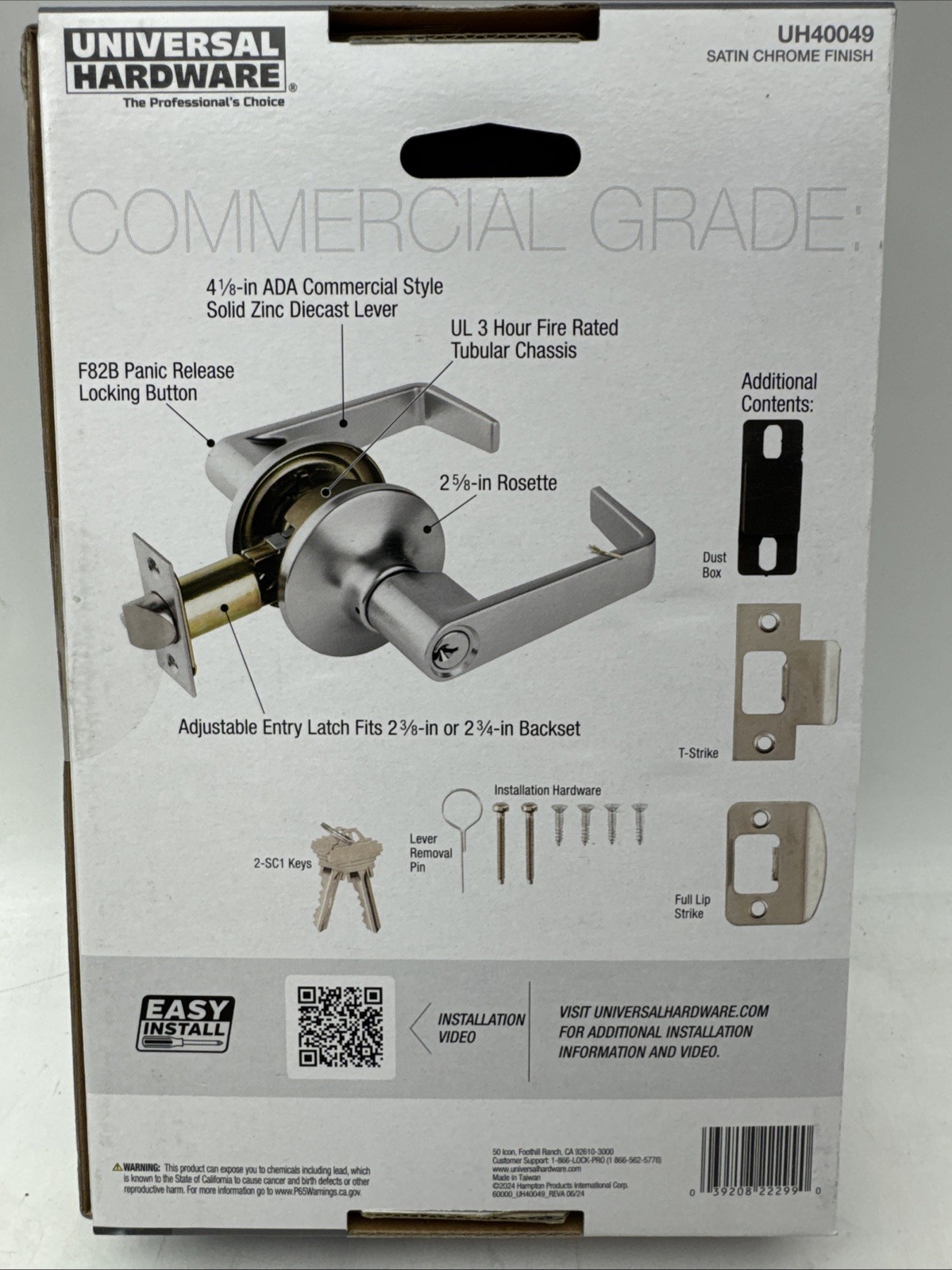 Commercial Keyed Entry Door Lever In Satin Chrome Universal Hardware UH40049 NEW