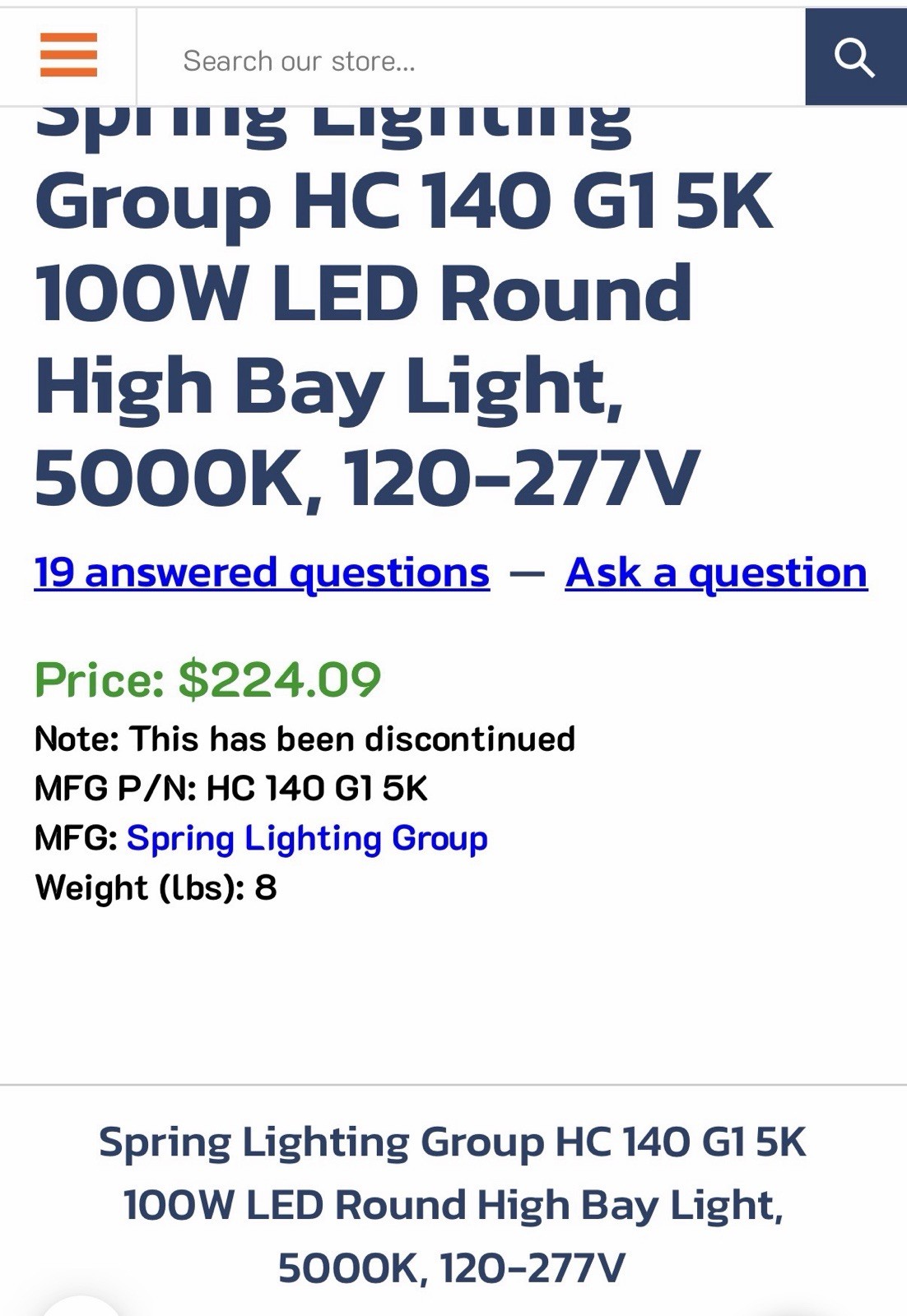 Spring Lighting Group HC 140 G1 5K 100W LED Round High Bay Light, 5000K,120-277V