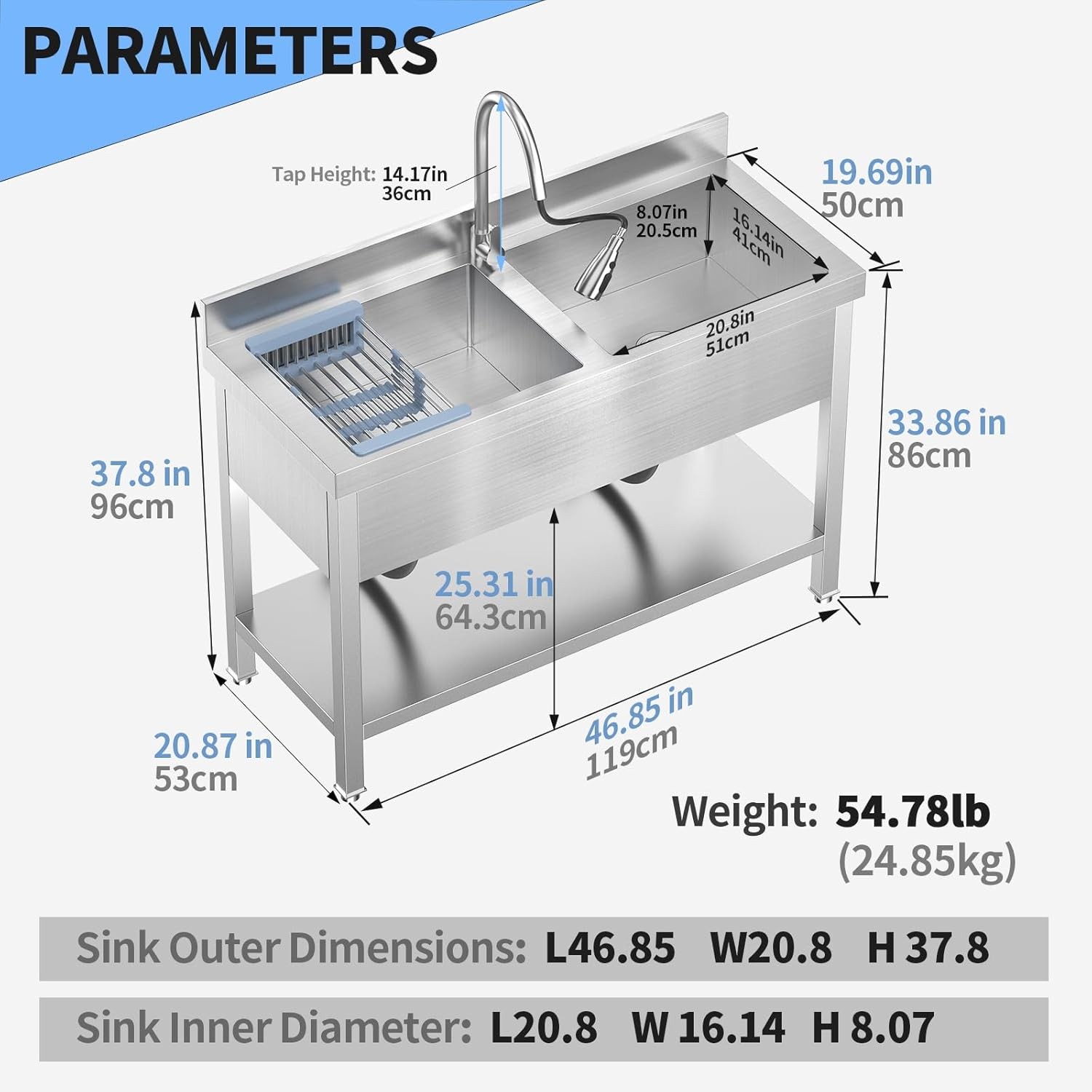 47Inch Utility Double Bowl Kitchen Sink for Restaurant Outdoor Stainless Steel