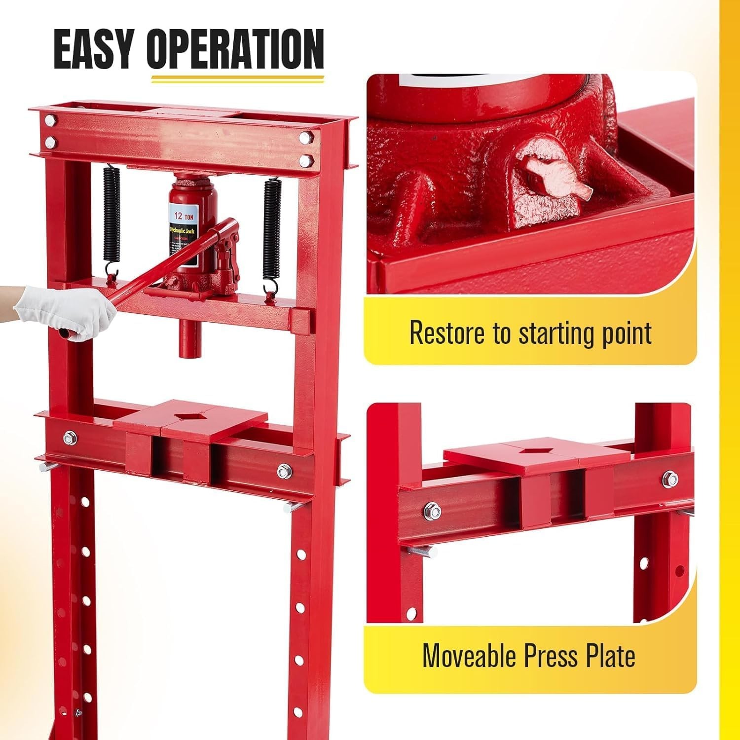 12T Hydraulic Press,H-Frame Press w Adjustable Table for u-Joints&Bending Red