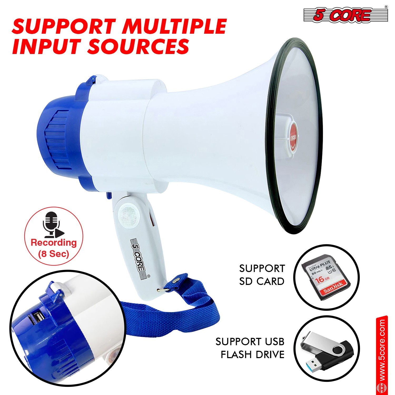 5Core 30 W Megaphone Bullhorn Recording Police Siren Horn Handheld Loudhailer