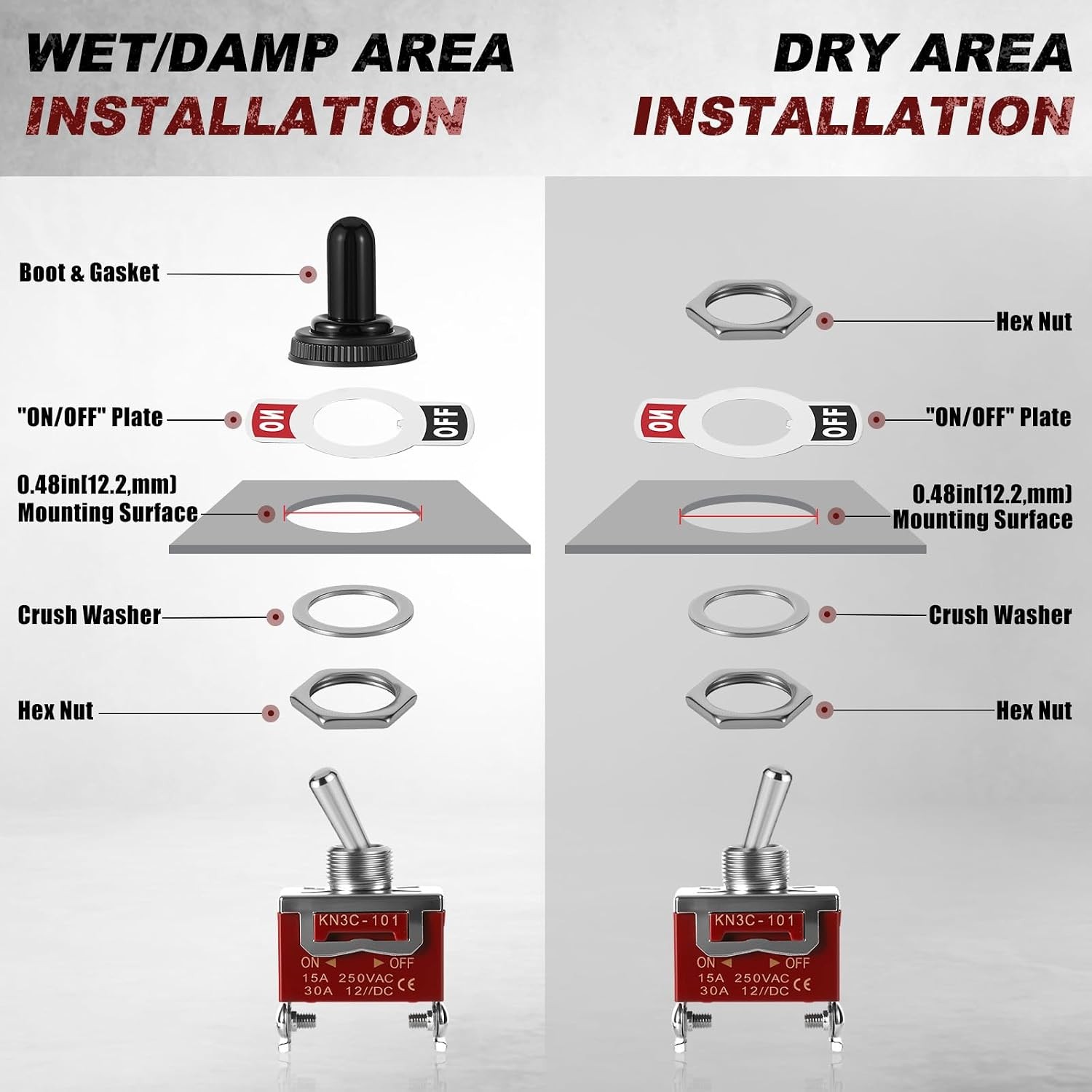 4-Pack Toggle Switches, SPST On/Off 2-Pin, 12V DC 30A Heavy Duty Waterproof Togg