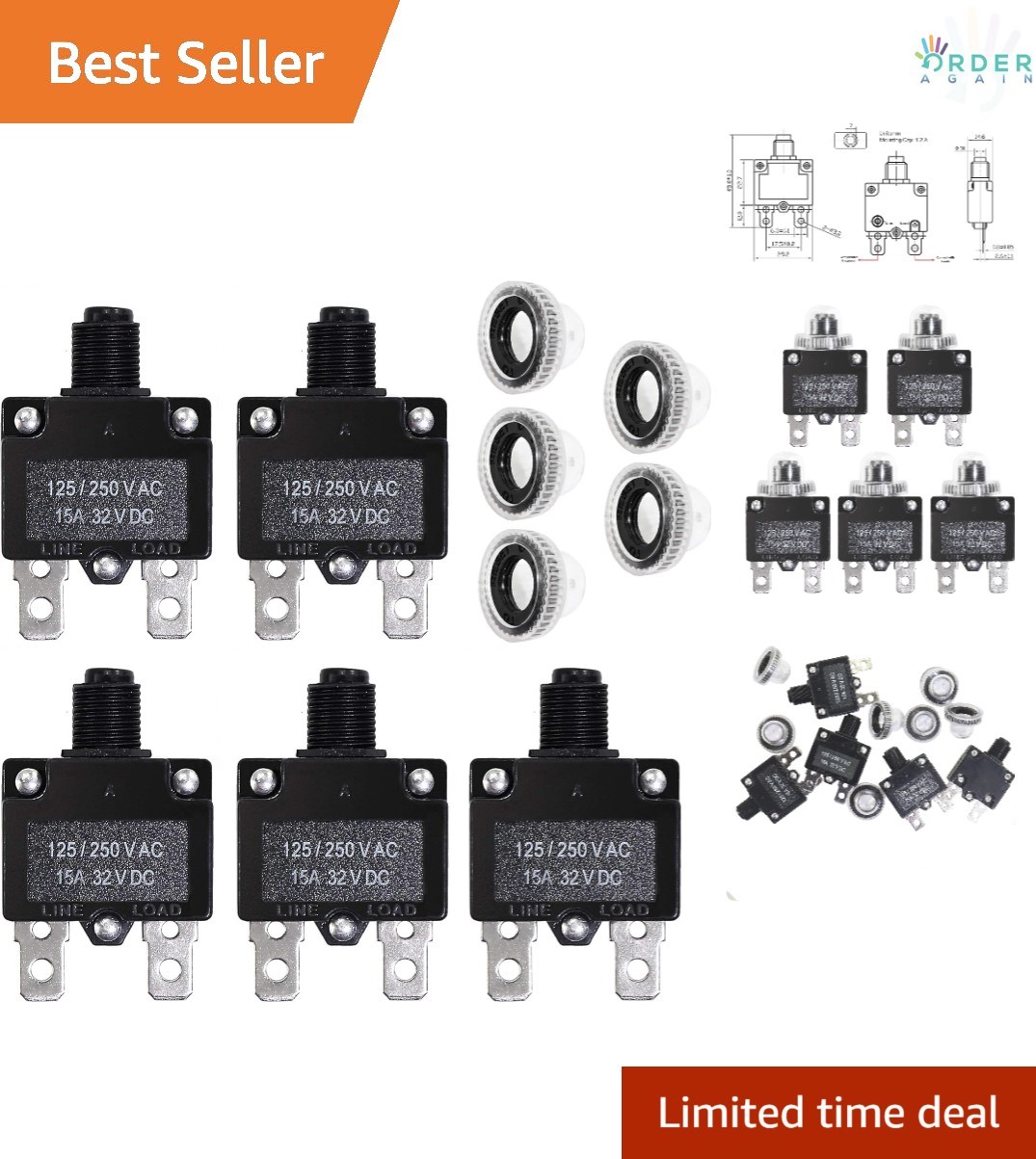 5PCS 15Amp Circuit Breakers Waterproof Reset Panel Mount Automotive Marine AC DC