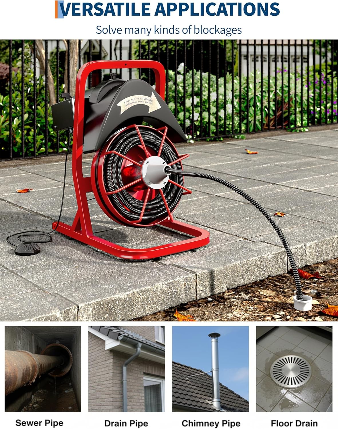 Heavy Duty 370W Portable Electric Drain Cleaner 75 FT X 1/2 in Steel Core Cable