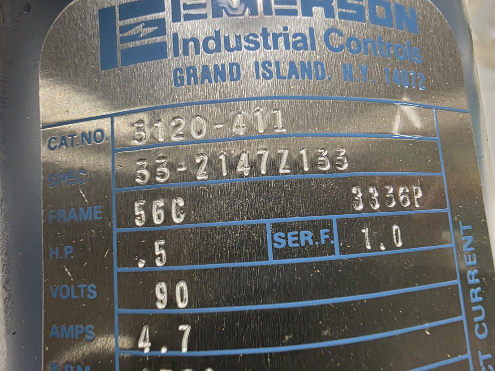 Baldor / Emerson Cat. 3120-411 1/2 Hp. DC Electric Motor 56C Fr. 90 V. 1750 rpm