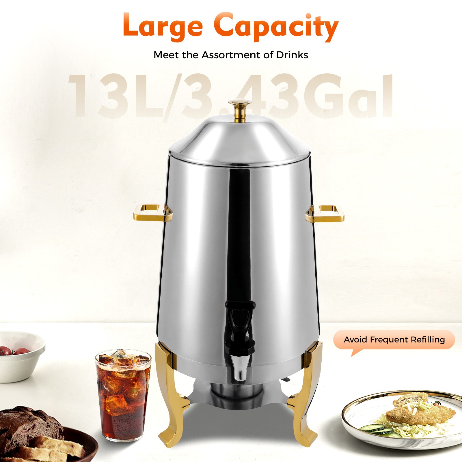 400W Insulated Beverage Dispenser for Hot Drinks 3.43Gal Stainless Steel USA