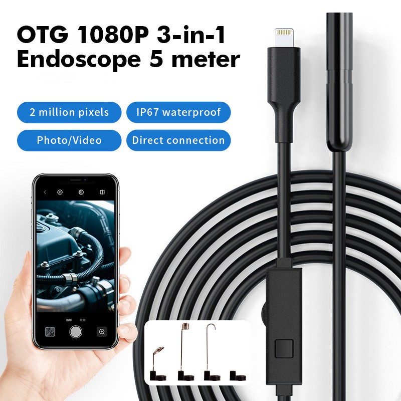 IP67 Waterproof 3in1 Endoscope 1080P 8 Adjustable LED 5M Flexible Snake Camera