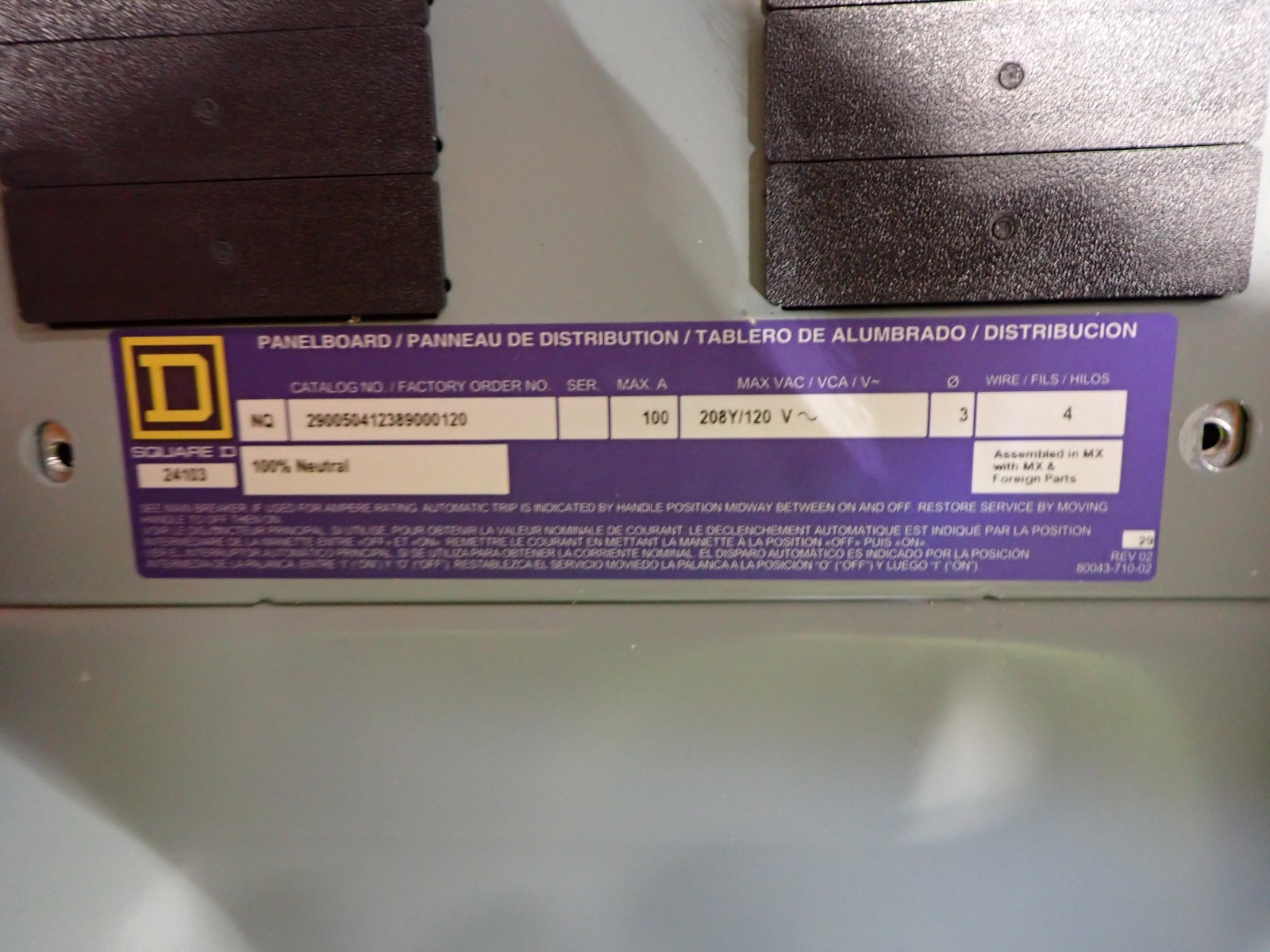 New Surplus SQUARE D NQ 100 amp MLO 208v 3 Phase Panel 42 Circuit NC38SHR P1826