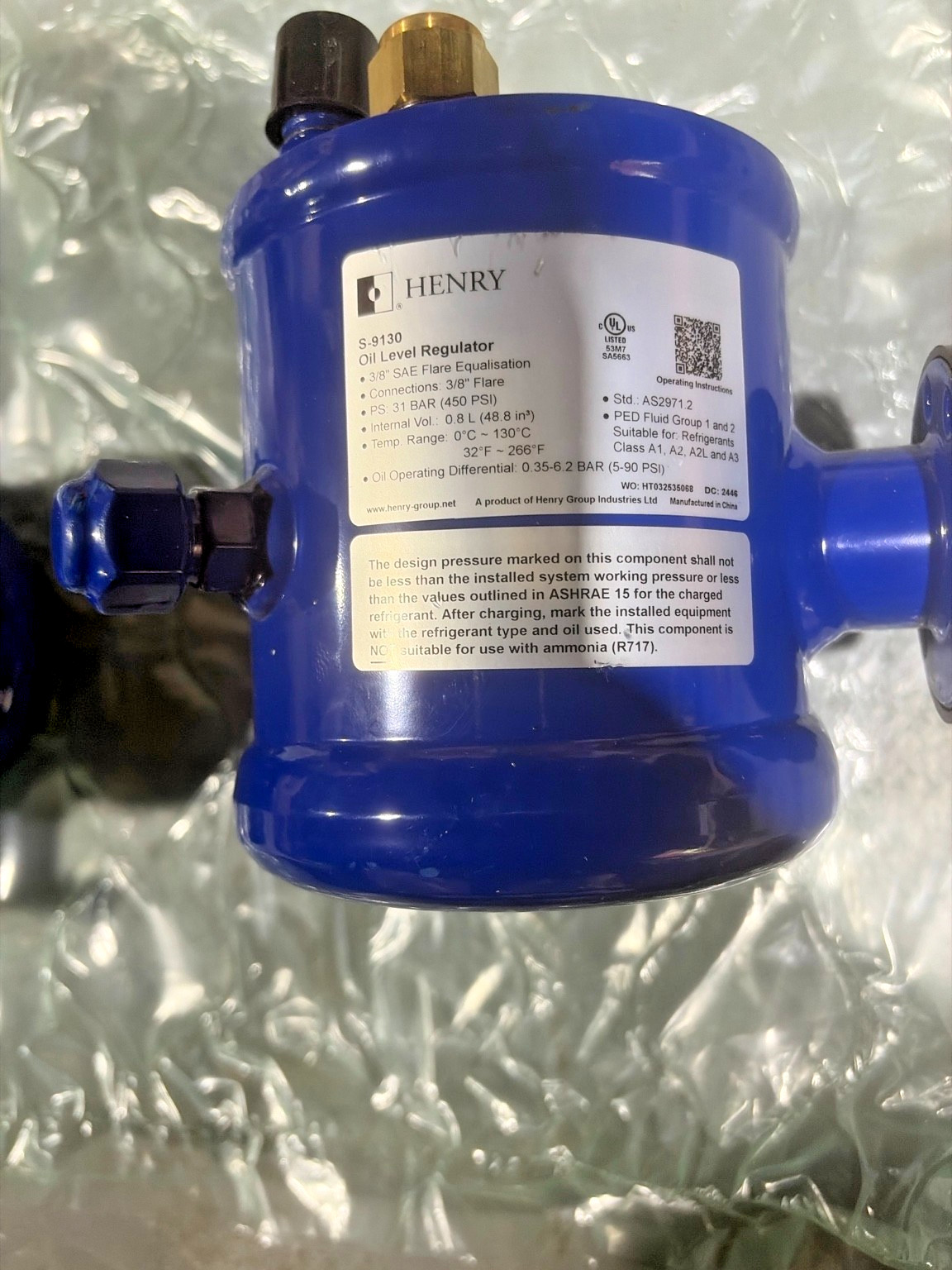 Henry S-9130 Oil Level Regulator 3/8″ SAE Flare 450 PSI Refrigeration OEM