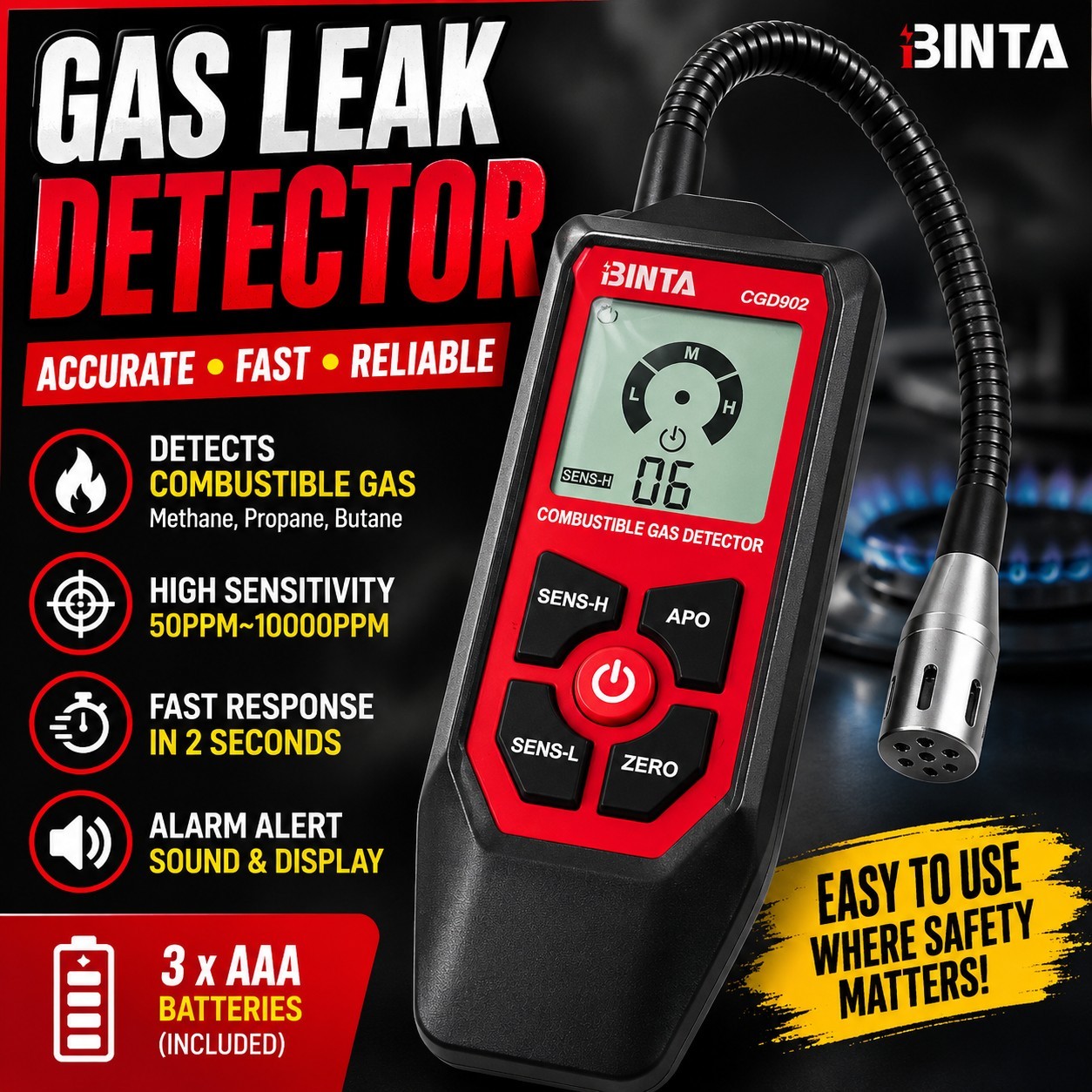 Natural Gas Detector, Combustible Gas Leak Detector with Probe
