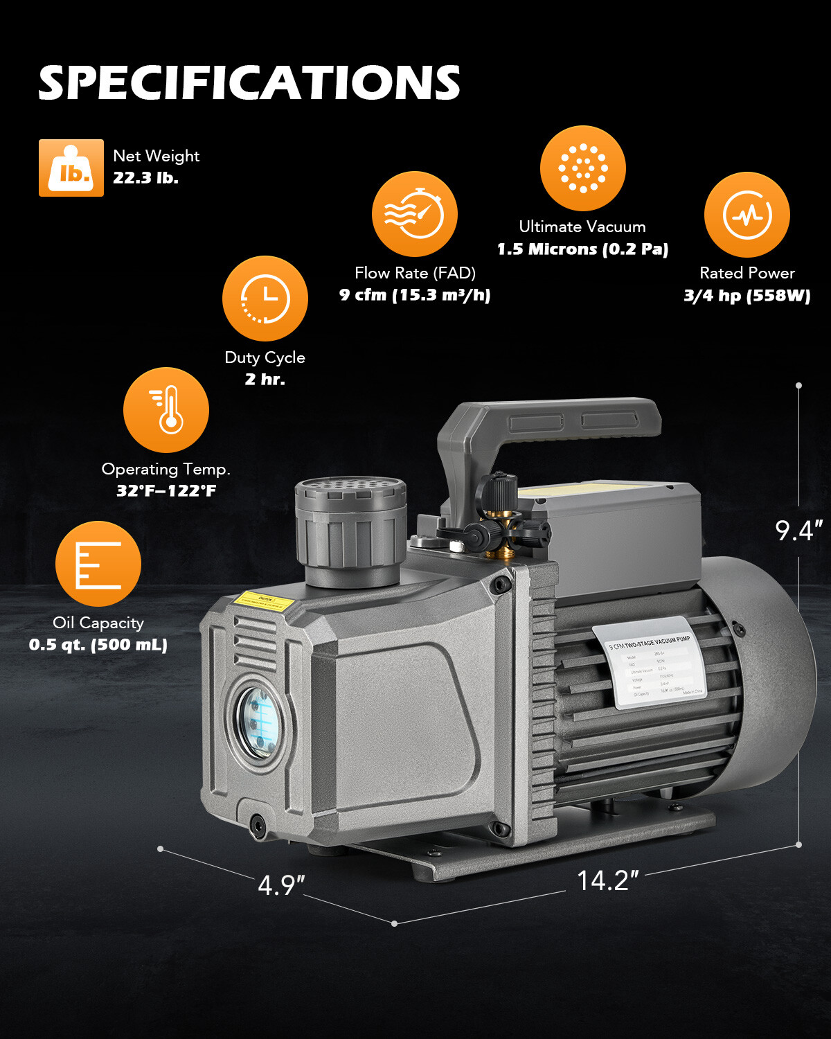 OMT 2 Stage Vacuum Pump 9 cfm 3/4 hp HVAC Rotary Vane Vacuum Pump HVAC Serving