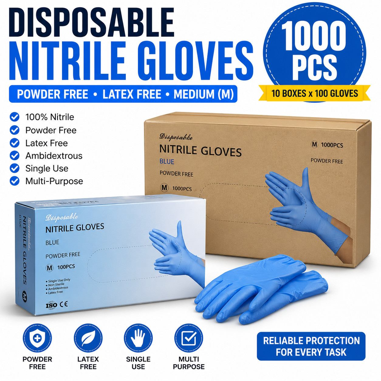 ✅ 1000 Blue Nitrile Gloves Powder Free Latex Free Disposable Exam Gloves S M L