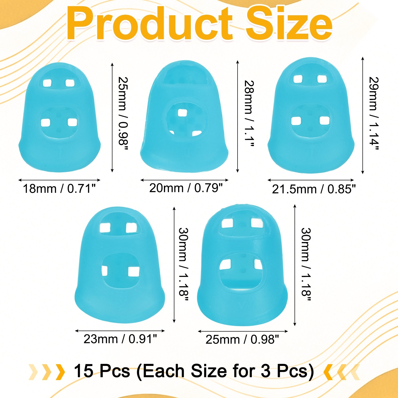 15 Pcs Silicone Finger Tips, 18/20/21.5/23/25mm Reinforced Finger, Light Blue