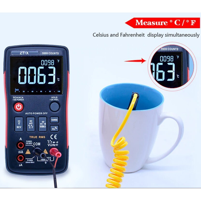 Button Operated Digital Multimeter w/ NCV, True RMS, 9999 Counts, Backlit LCD