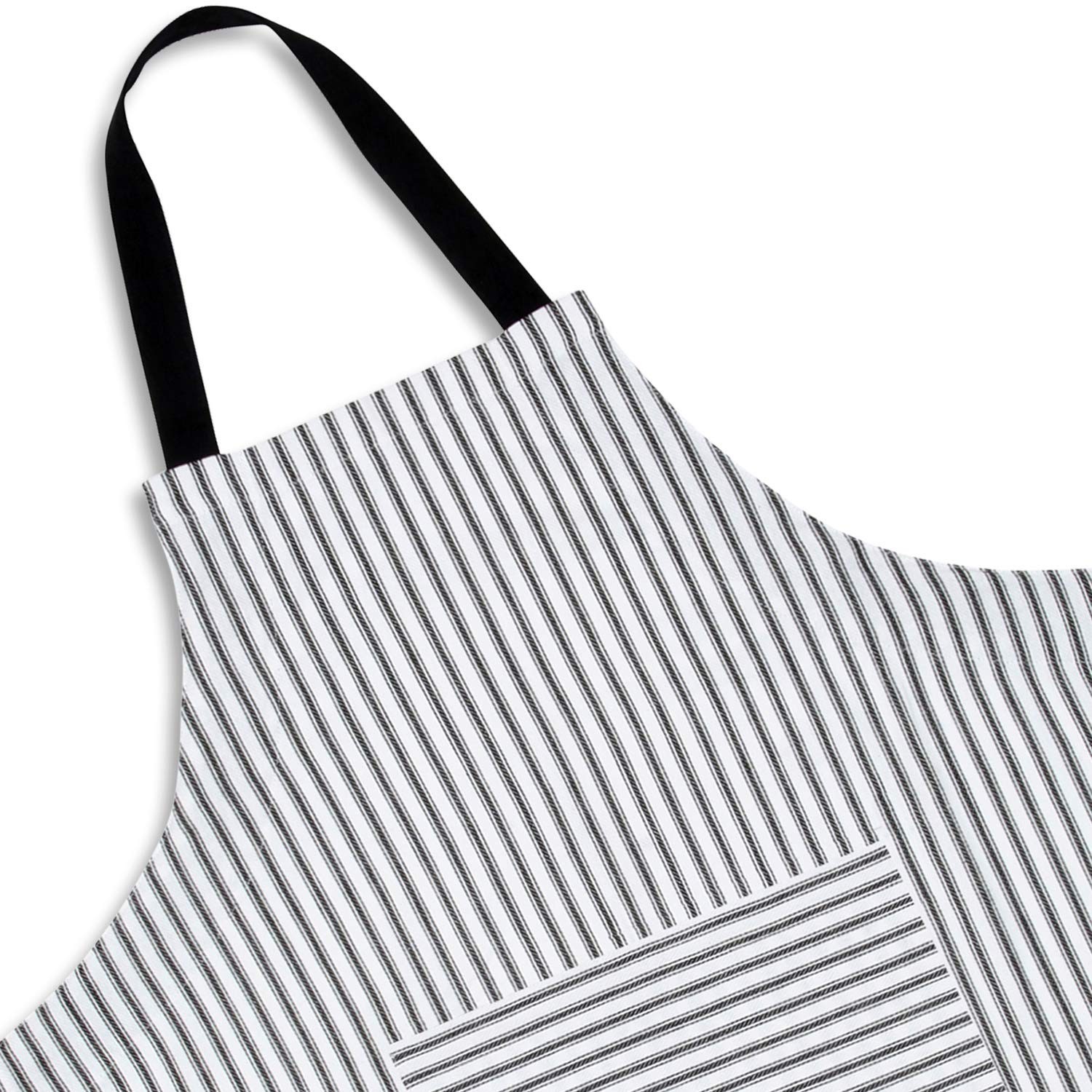 Black and White Ticking Stripe Woven Cotton Bib Apron Pocket Adjustable Strap