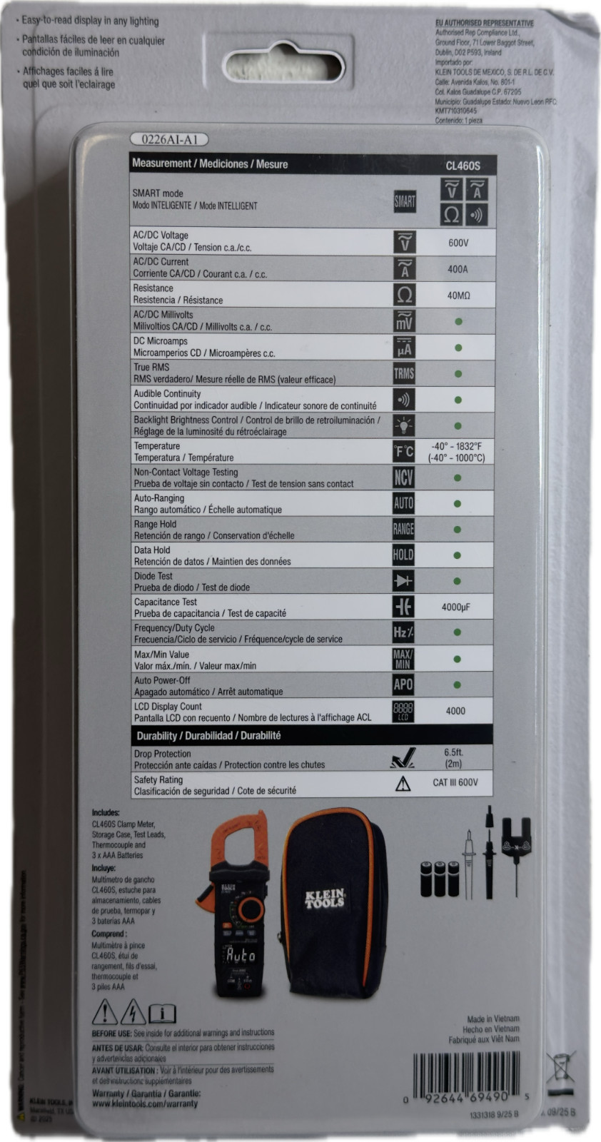 Klein Tools CL460S 400A AC/DC Smart Auto-Ranging Trims Clamp Meter (Sealed)