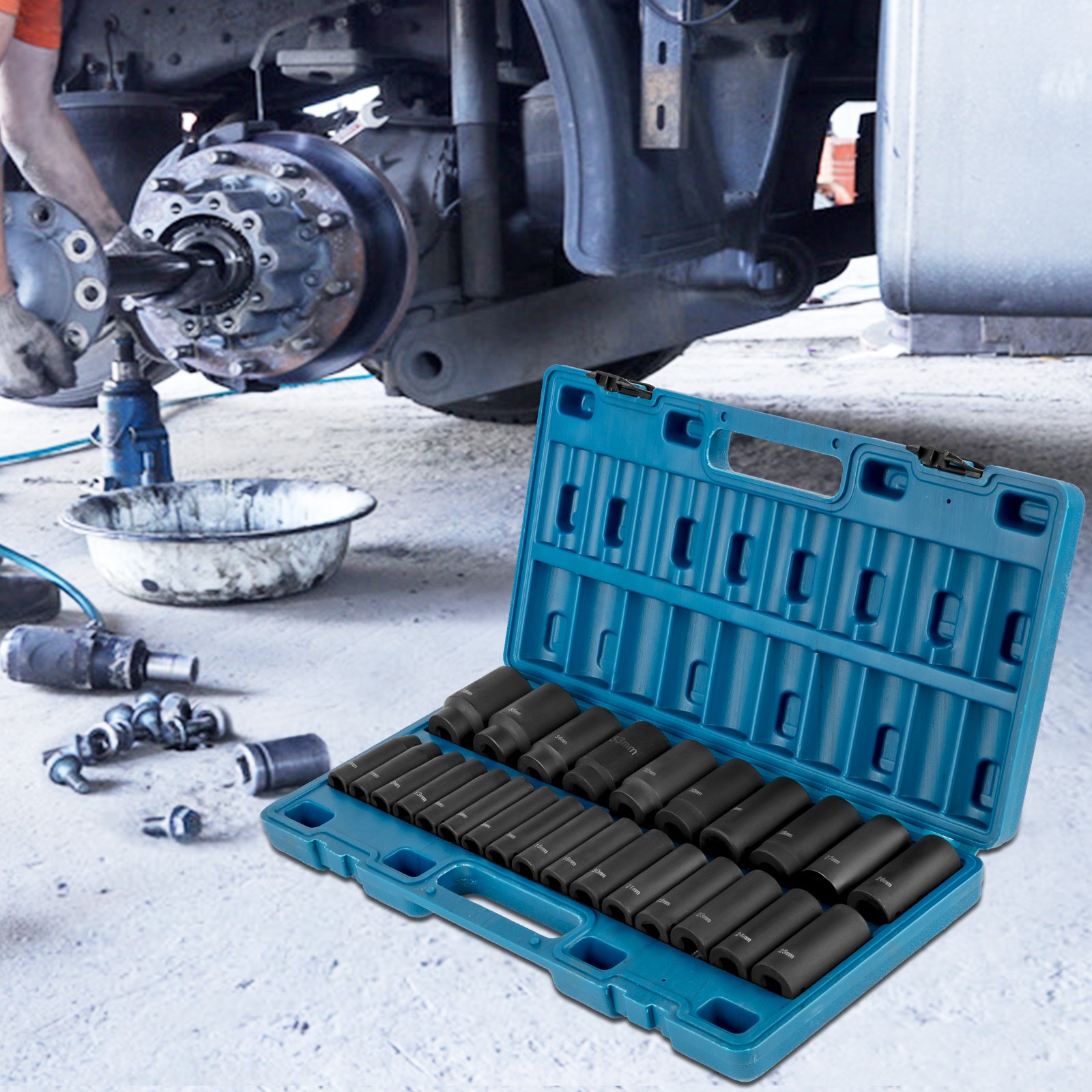 VEVOR 26-Pc 1/2 in Deep Impact Socket Set SAE 6-Point CR-V Case