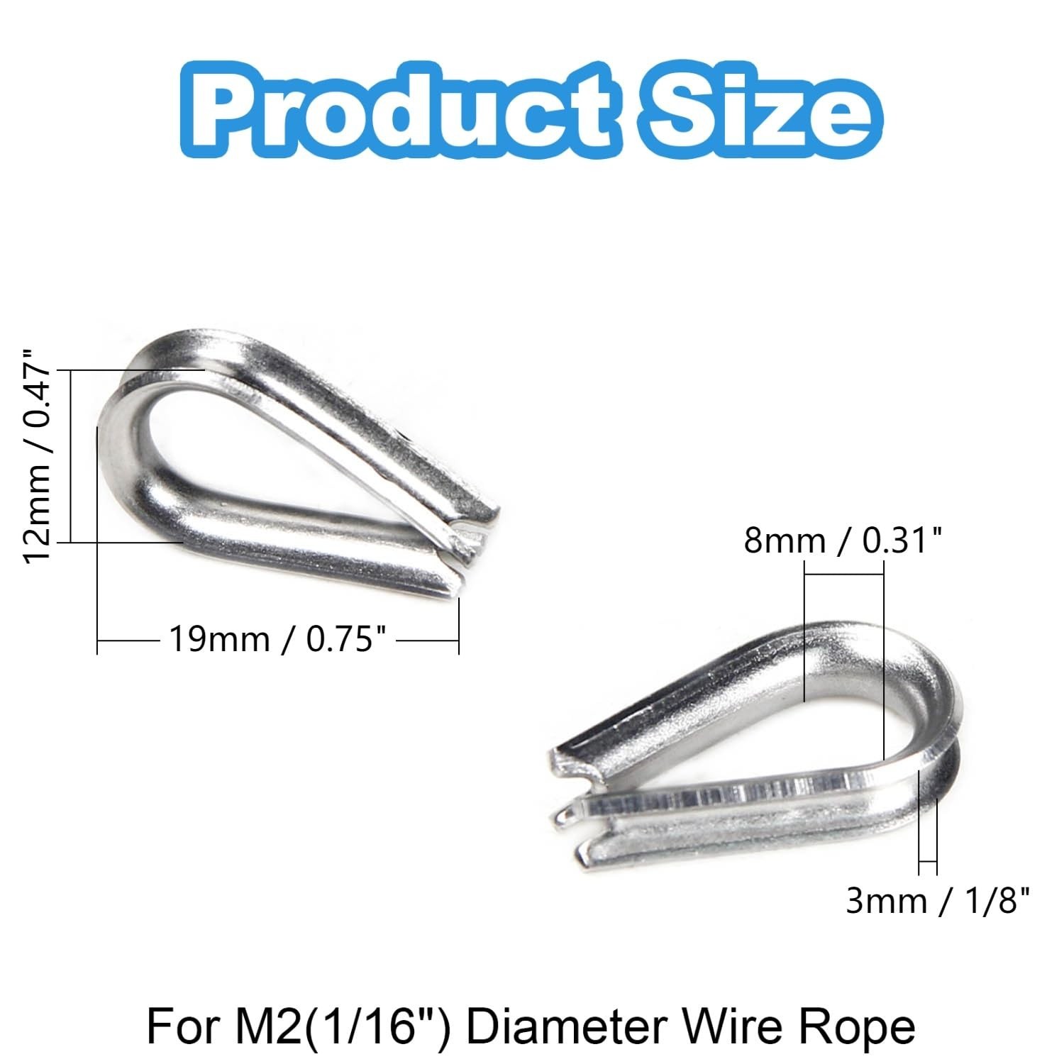 50Pcs 1/16″ M2 Stainless Steel Thimble for Diameter Wire Rope Cable Thimbles Rig