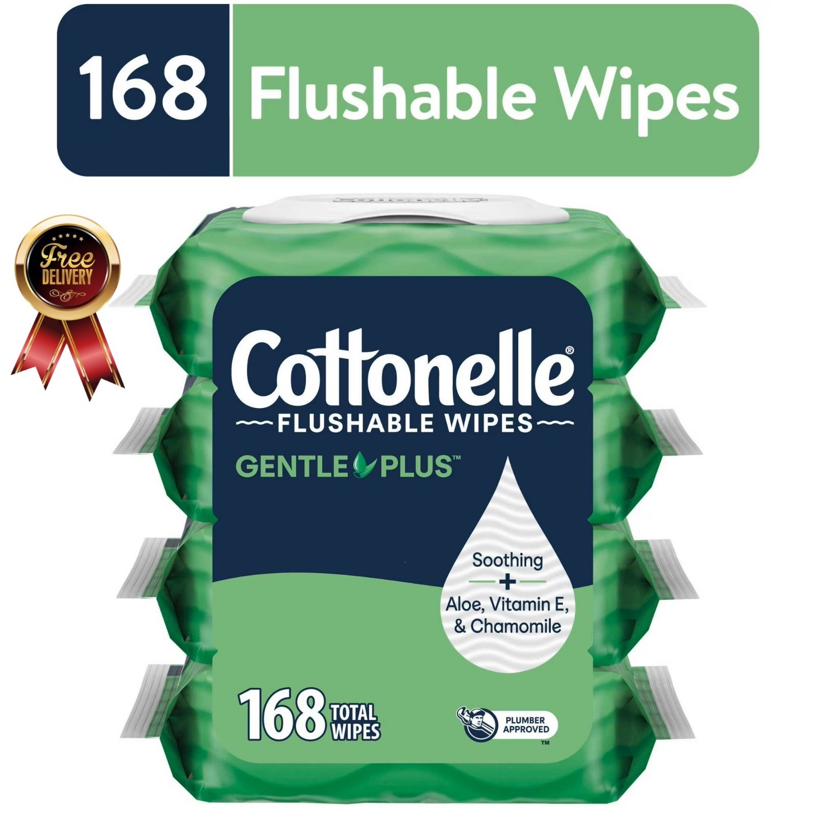 Cottonelle GentlePlus Flushable Wipes, 4 Flip-Top Packs, 42 Wipes per Pack
