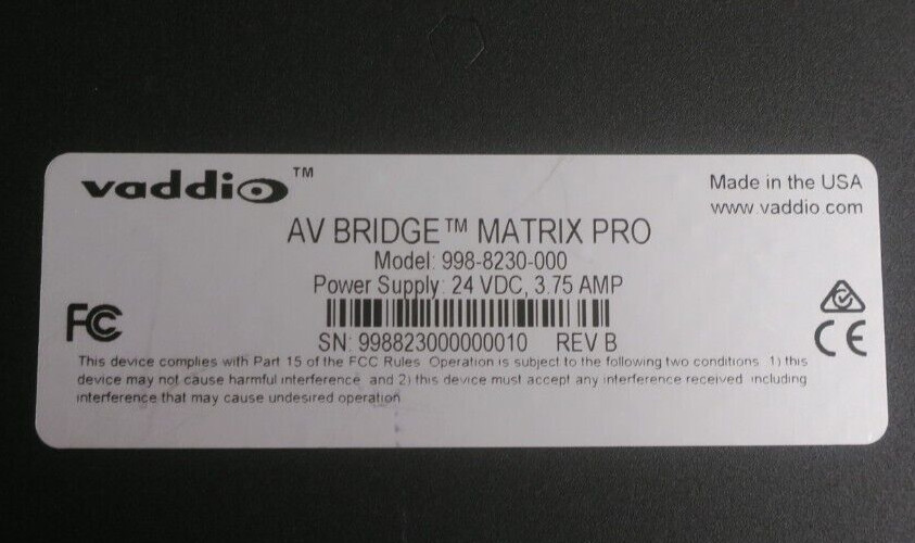 Vaddio AV Bridge MATRIX PRO Audio Video Encoder HD Video Switcher 998-8230-000