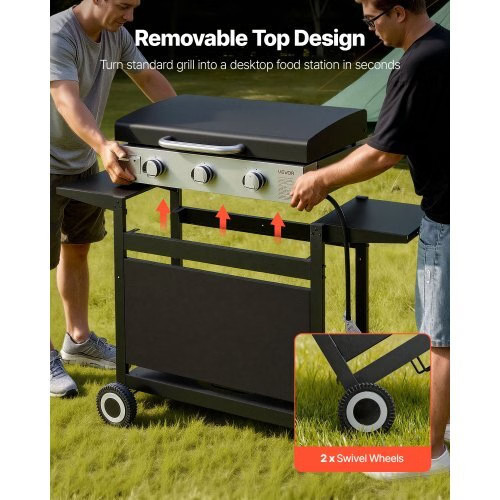 Gas Griddle, 3-Burner Flat Top Grill, Propane Griddle with Wheels, Lid, 3 x 1100