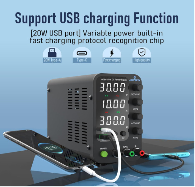 Fuente de alimentación DC 0-32V 10A con ajuste fino, USB y pantalla LED de 4 díg