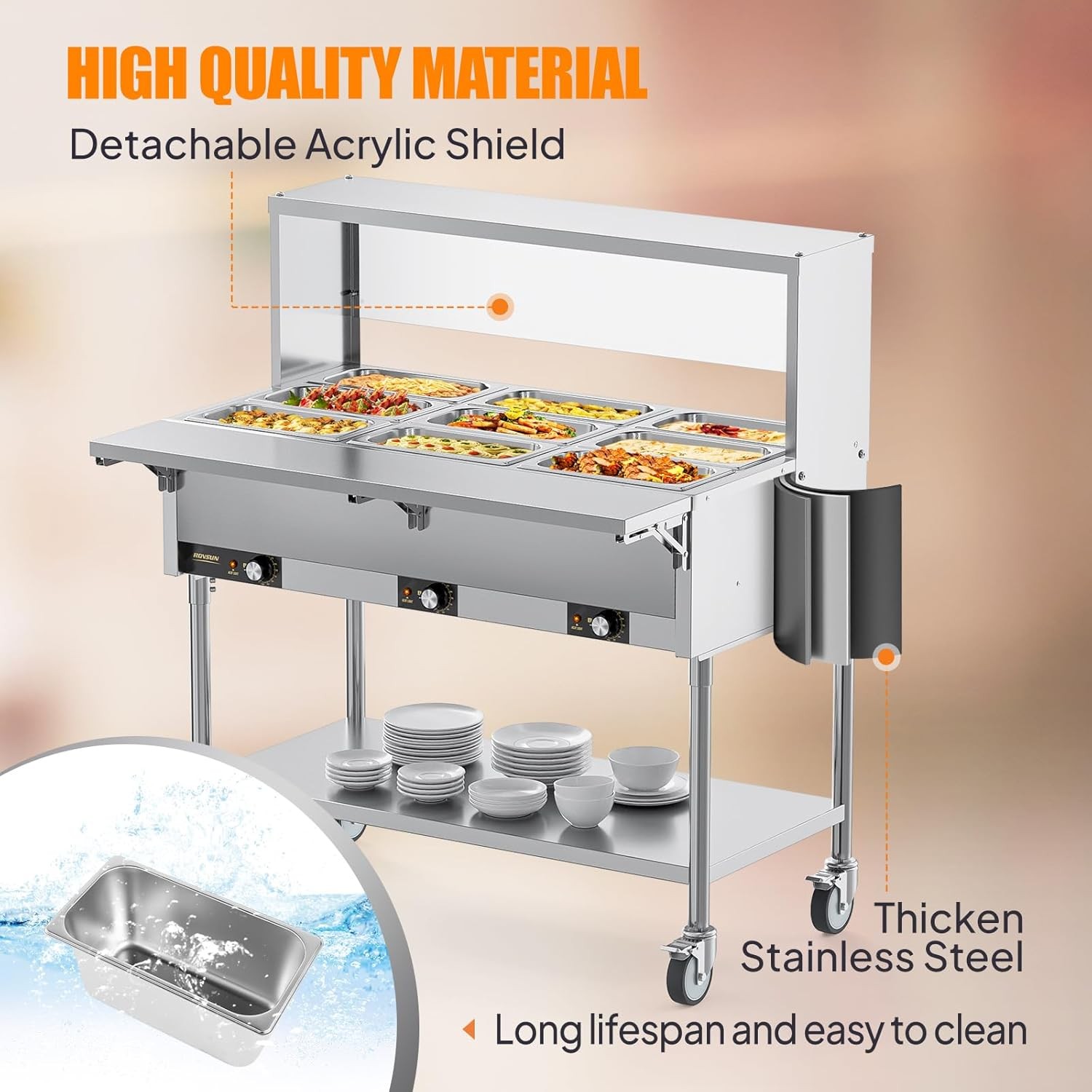 ROVSUN 72QT Electric Commercial Food Warmer 1500W, 9-Pan Steam Table 8QT/Pan