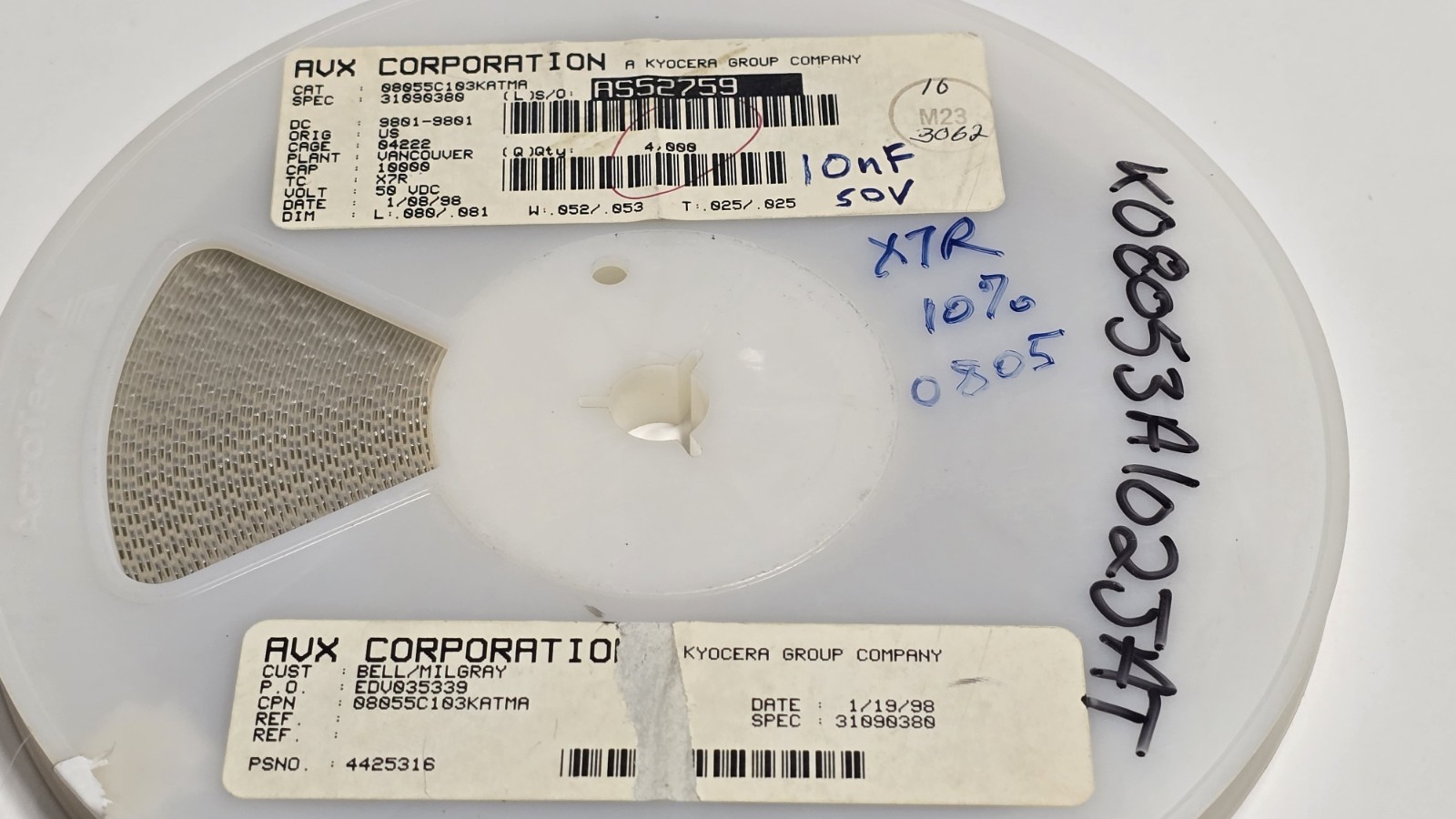 (3900 Pcs) 08055C103KATMA Capacitor Ceramic 10nF  50 vdc 10%  x7r smd Reel
