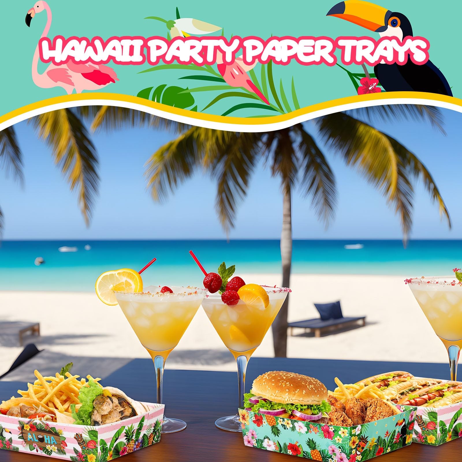36 Pcs Hawaii Aloha Tropical Party Paper Trays 5lb Large Disposable Hawaiian …