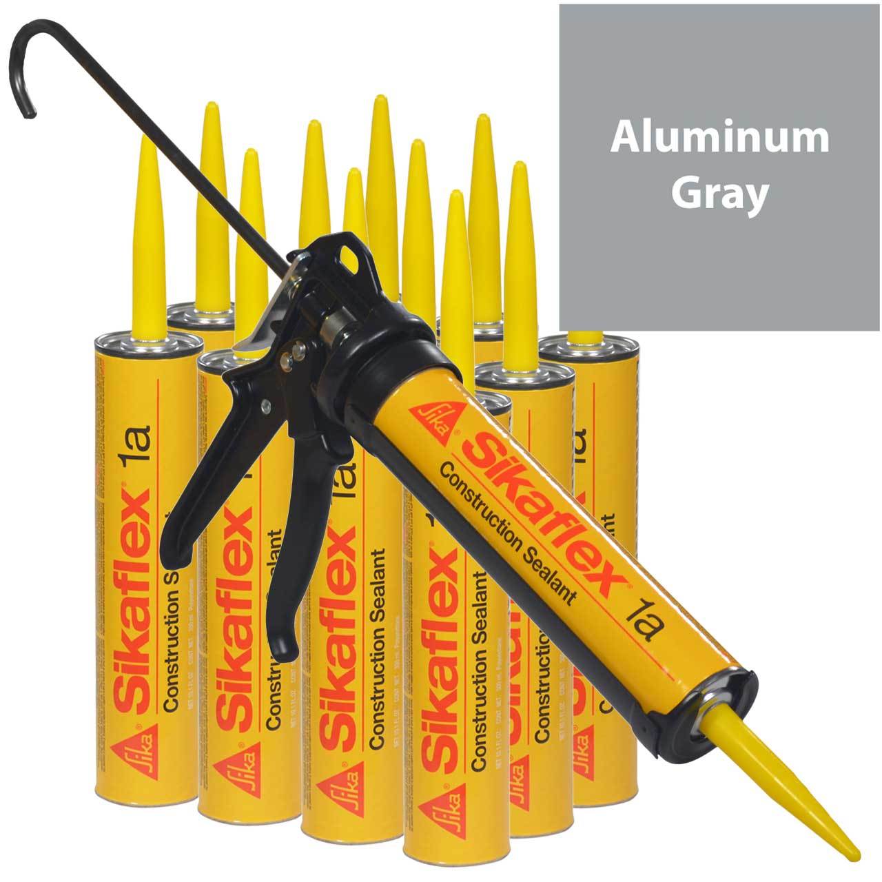 Sikaflex 1A Polyurethane Sealant, 10.1 oz, 12 Pack, Pro Caulk Gun, ALUMINUM GRAY