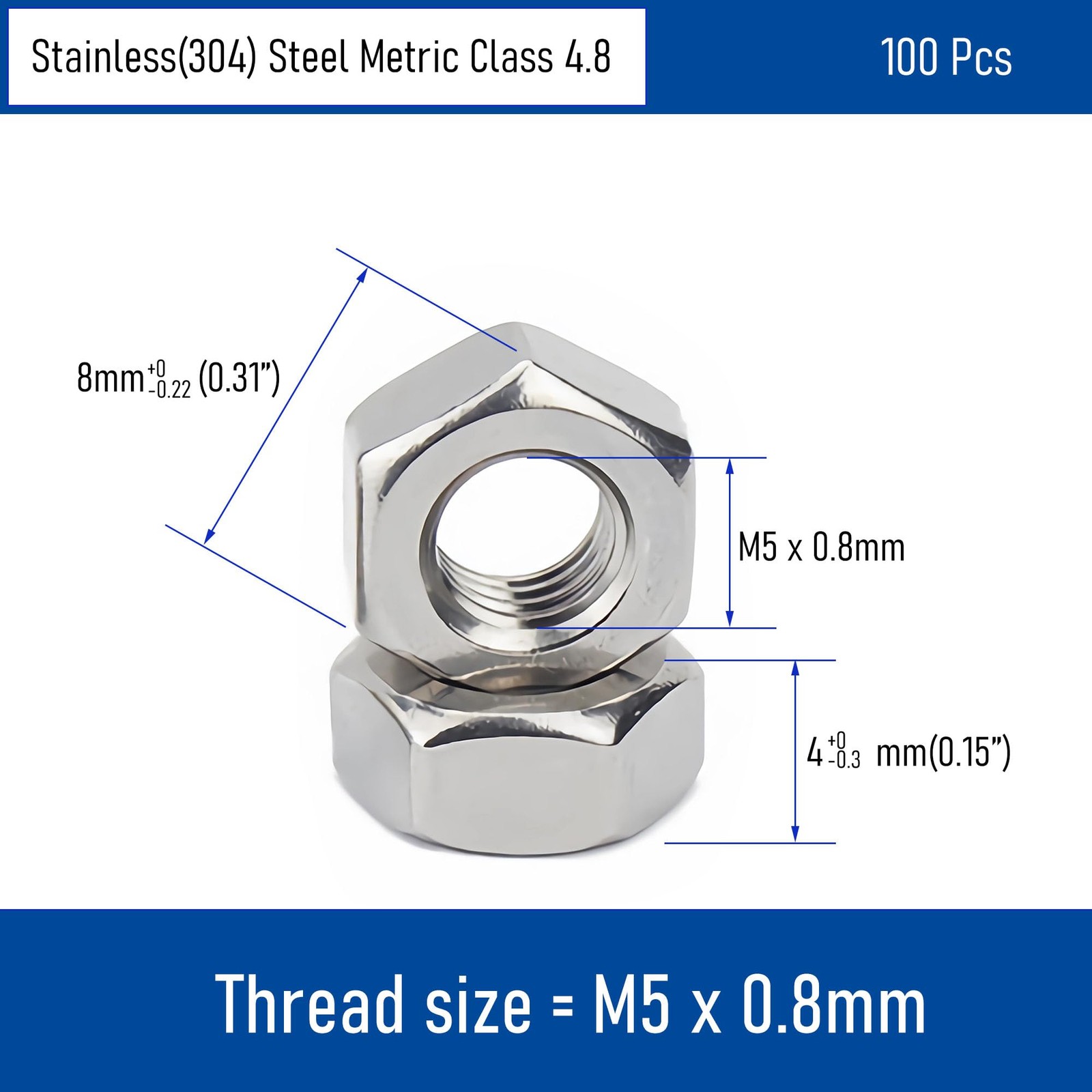 FOCMKEAS 100PCS M5-0.8 Hex Nuts, Stainless Steel 304 M5x0.8-100Pcs, Sliver
