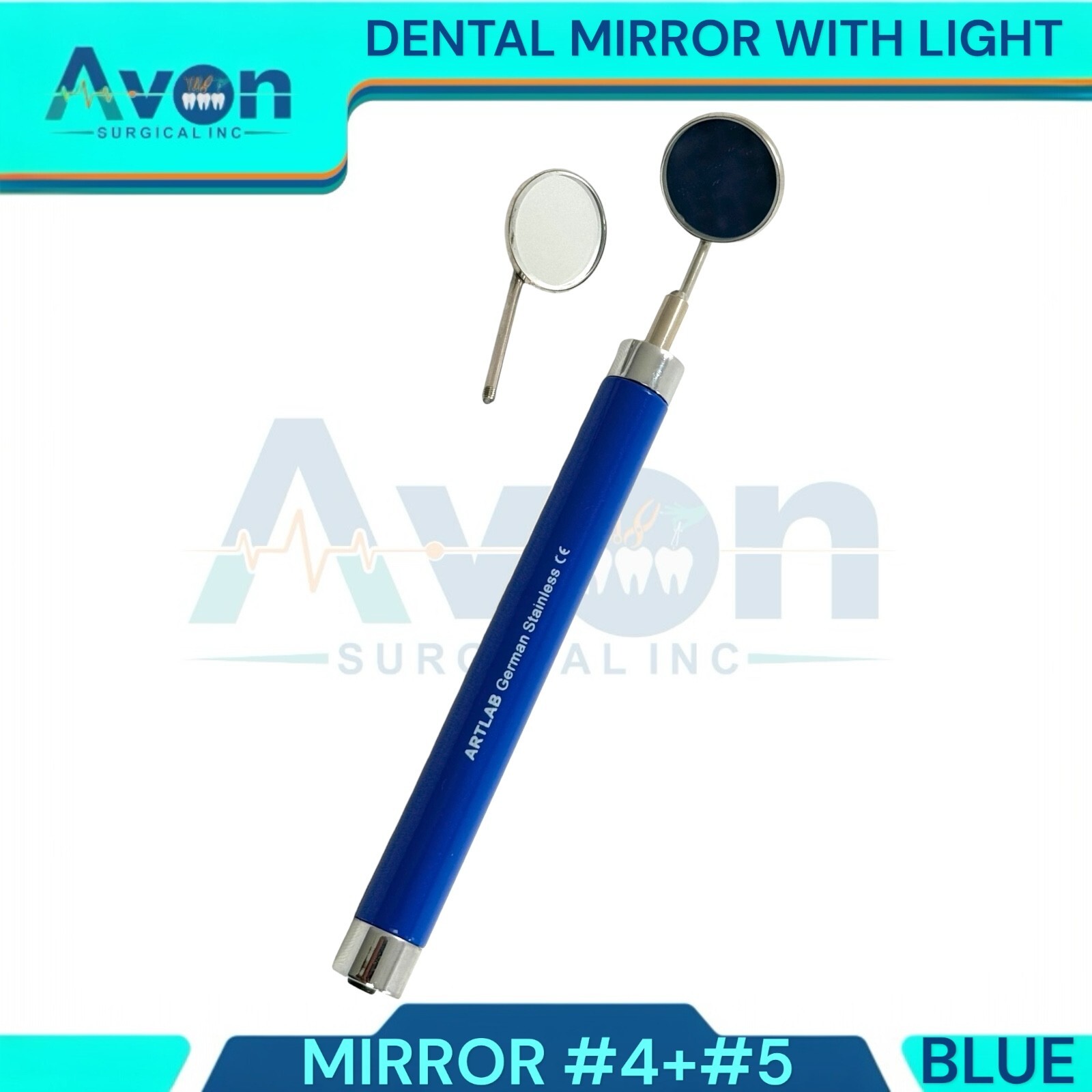Teeth Examination Mouth Mirror #4 + #5 with Blue Handle, LED Light, German Steel