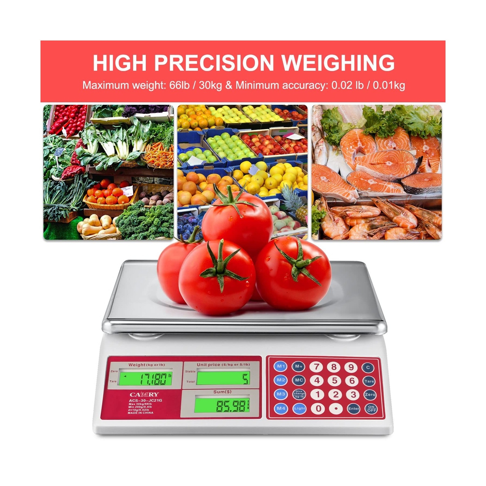 CAMRY Digital Price Computing Scale 66lb/30kg Commercial Produce Scale with S…