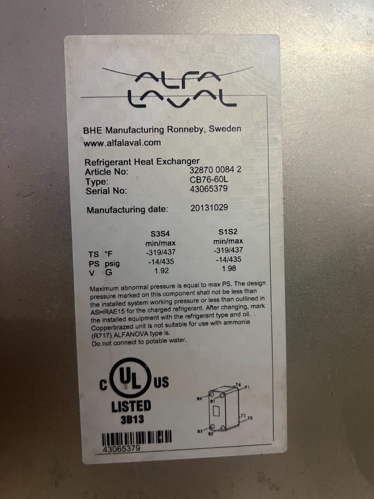 ALFA LAVAL CB76-60L Brazed Plate Heat Exchanger (NEW)