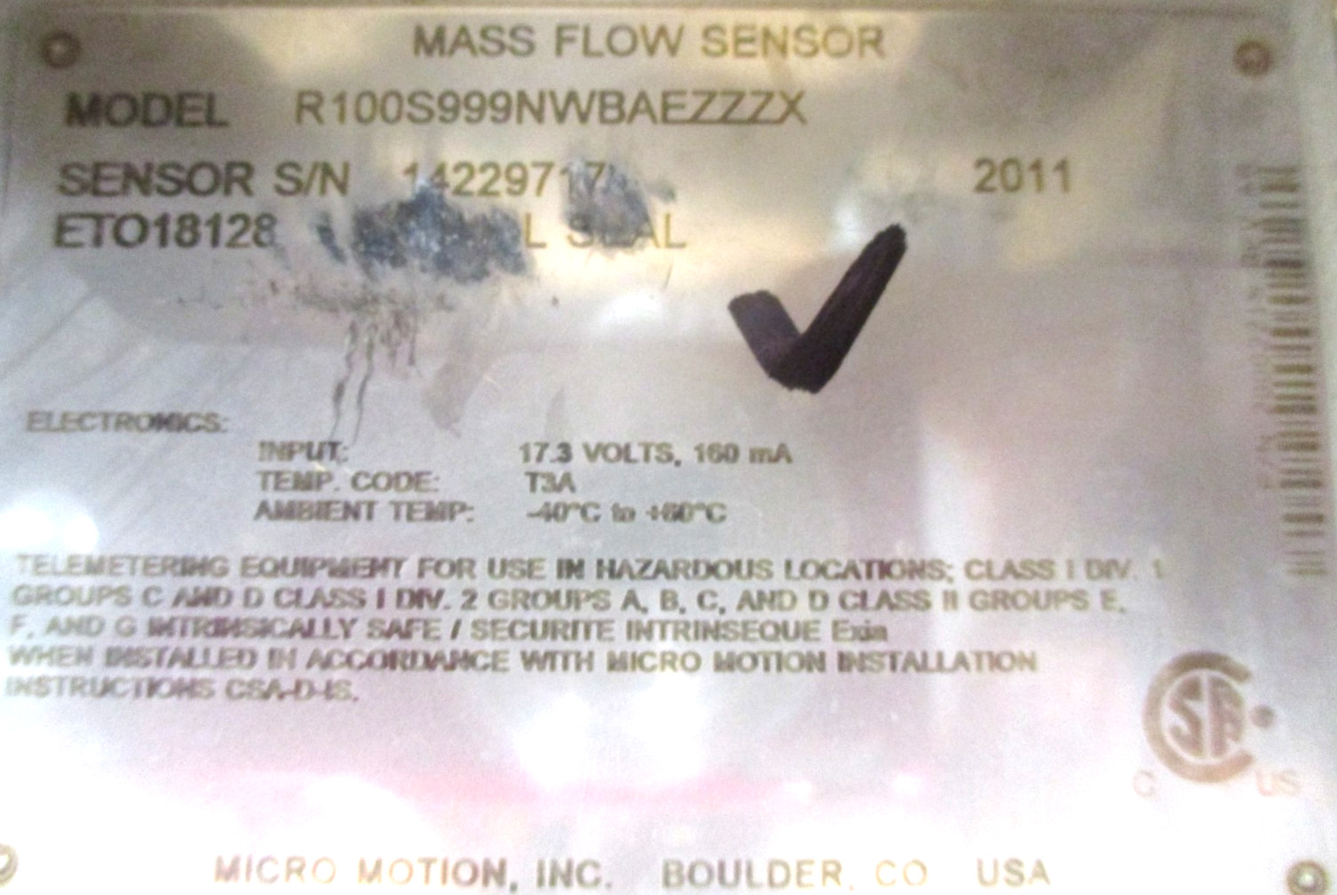 MICRO MOTION, R100S999NWBAEZZZX, 1″ 1450-PSI, w/ 700 PROCESSOR , CLEAN – USED