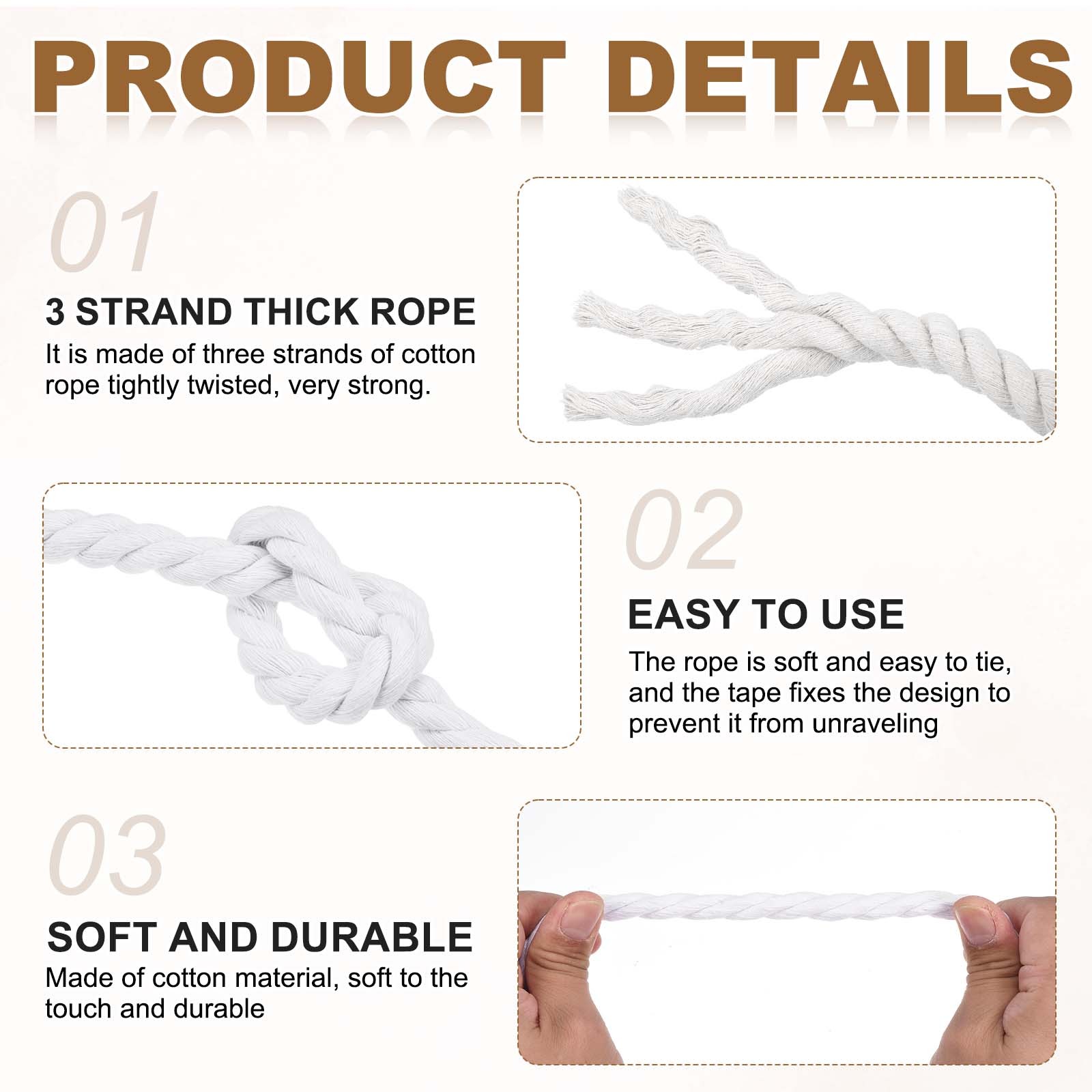 20mm x 11.5 Feet White Cotton Rope 3 Strand for DIY Wall Hanging Knotting