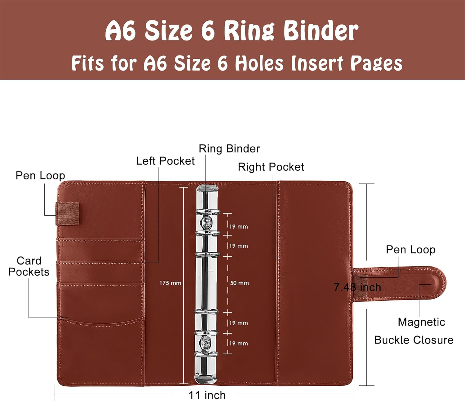 A6 Binder 6 Ring Refillable Notebook Budget Planner for A6 Filler Paper, PU Leat