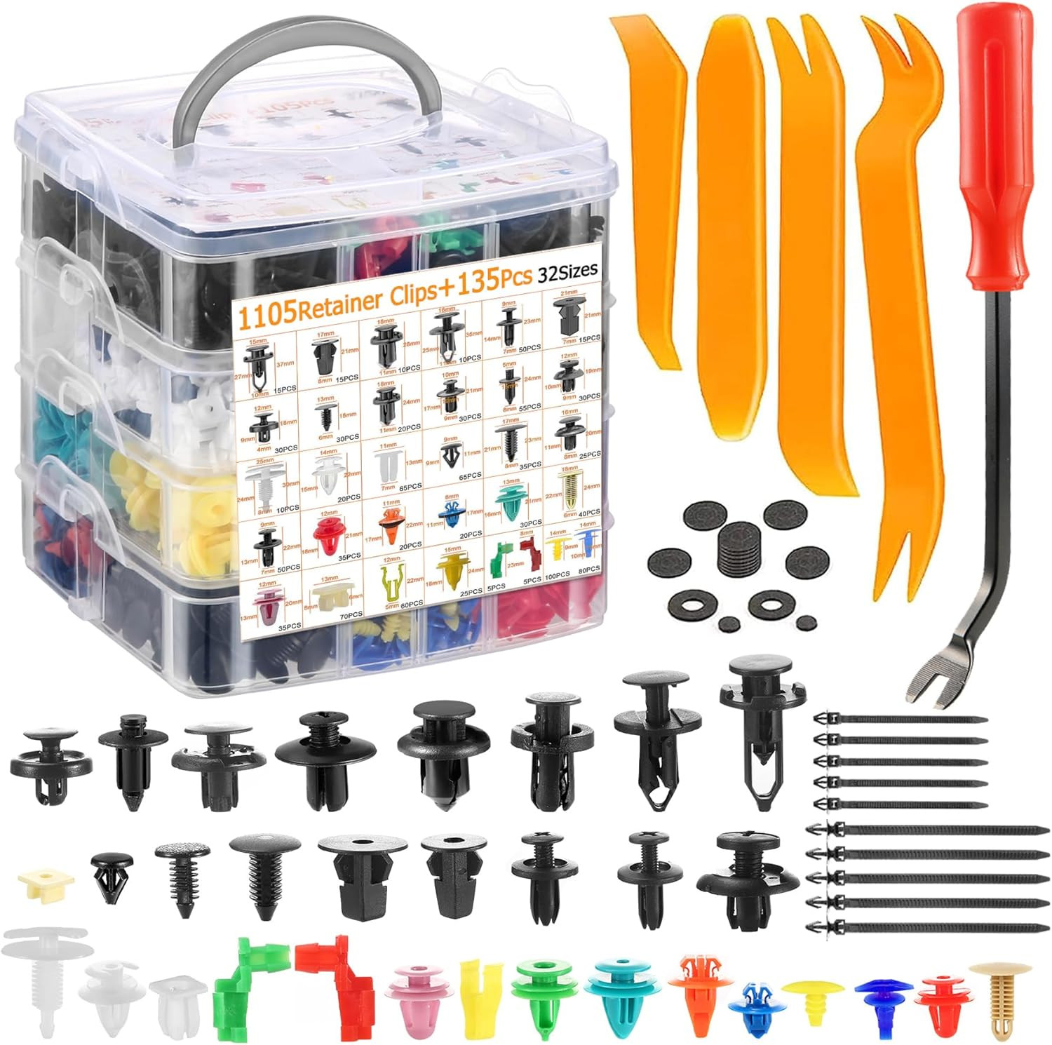 1240Pcs Car Push Retainer Clips & Auto Fasteners Kit 32 Most Popular Sizes Nylon