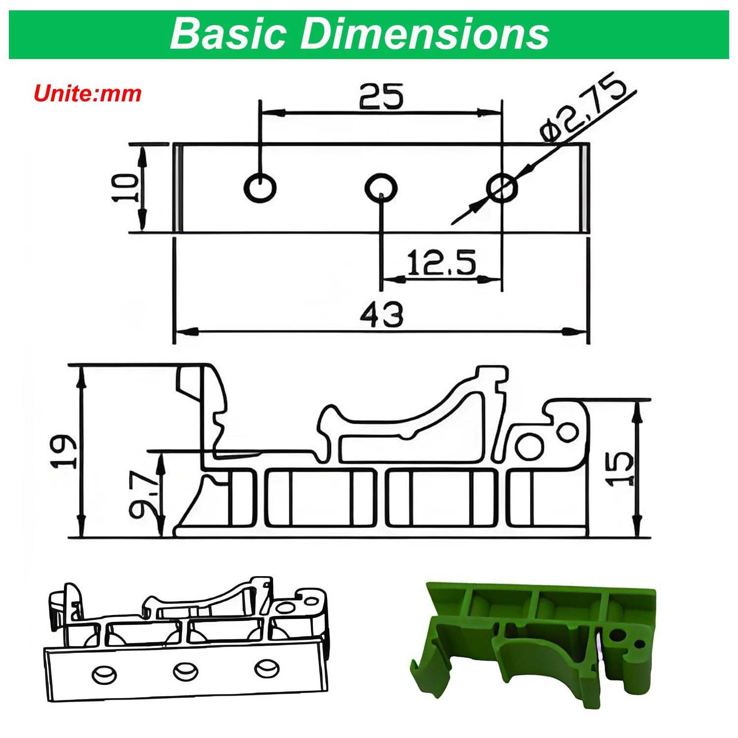 10 Sets DIN Rail Mounting Kit for PCB 35mm C45 Adapter Clips PA66 Green Panel…