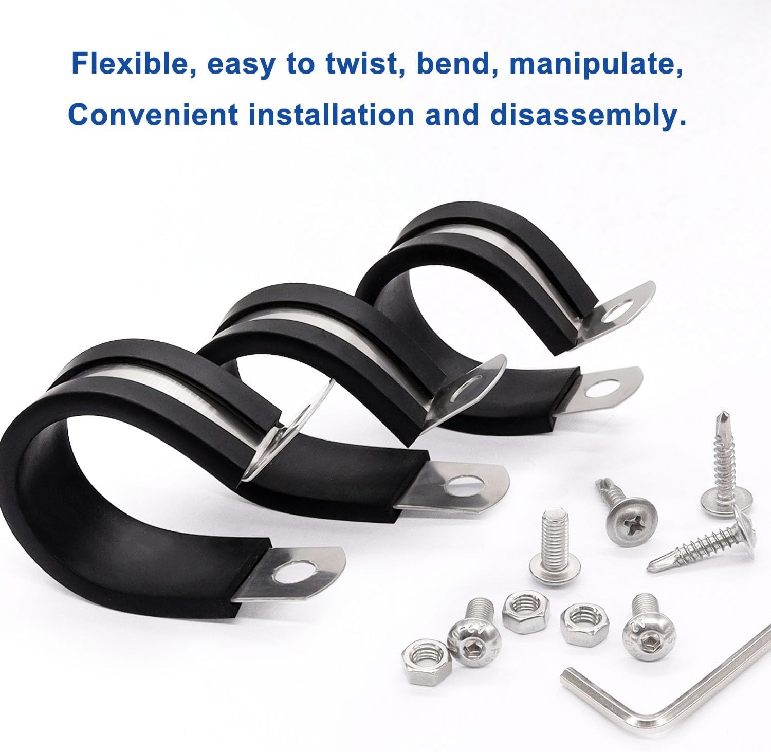 50PCS 3/8 Inch Cable Clamps 304 Stainless Steel Rubber Cushion Insulated Wire Cl