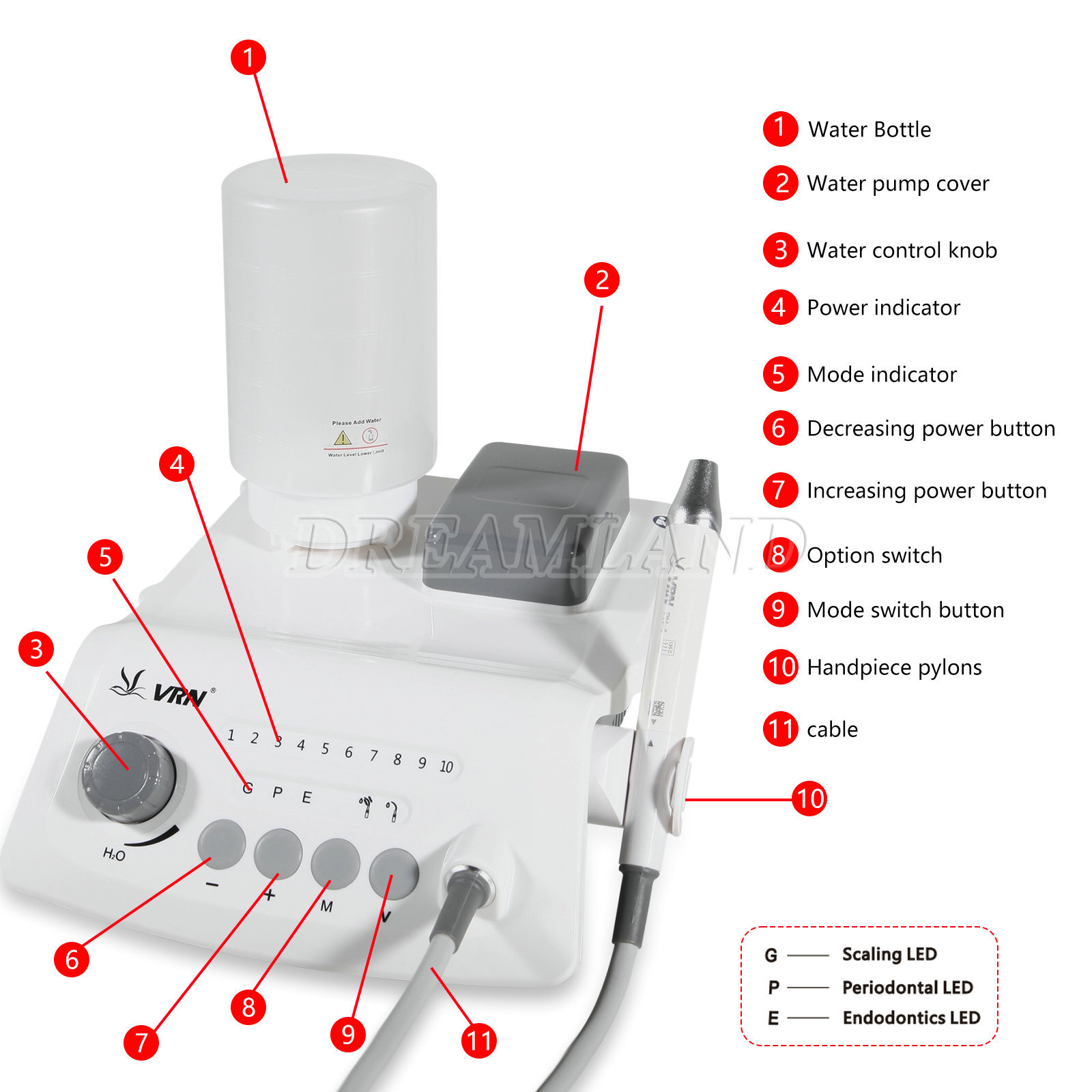 VRN Dental Portable Ultrasonic Piezo Scaler A8 LED /Air Scaler Handpiece 2/4Hole