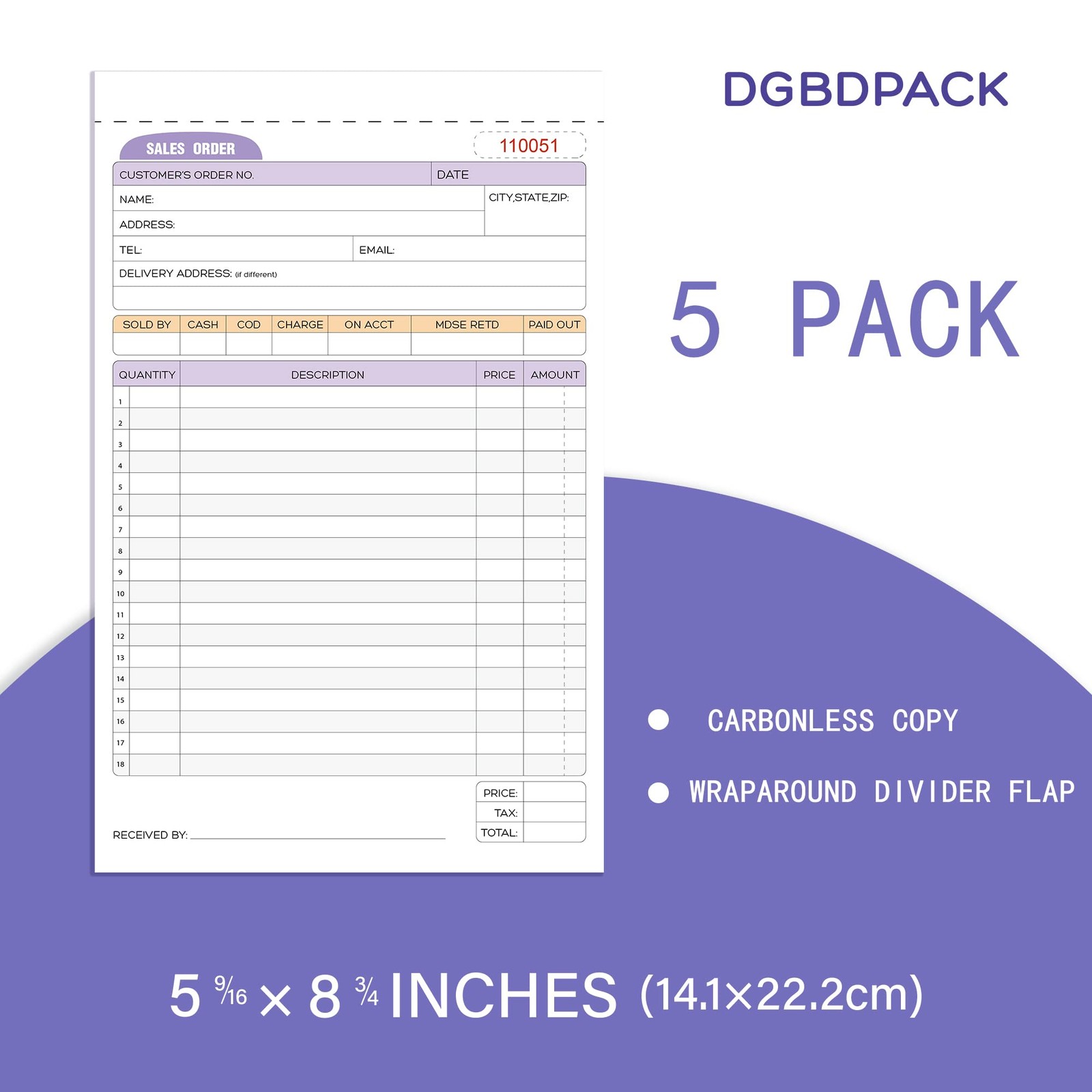 Sales Order Book 5 Pack, 2 Part Carbonless Invoices, White/Canary, 5-9/16 x 8-3/