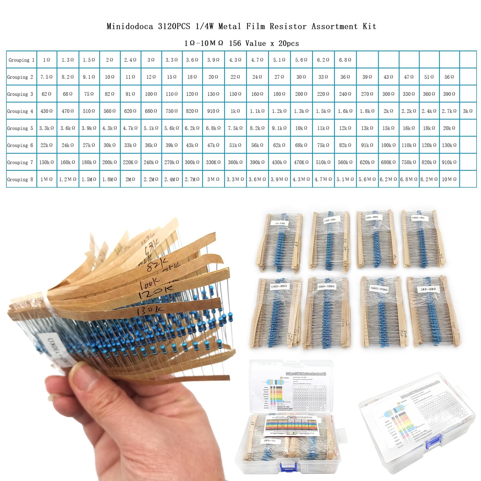 3120pcs 156 Values Metal Film Resistor Kit 1 Ohm-10M Ohm 1/4W 0.25 watt ±1% …