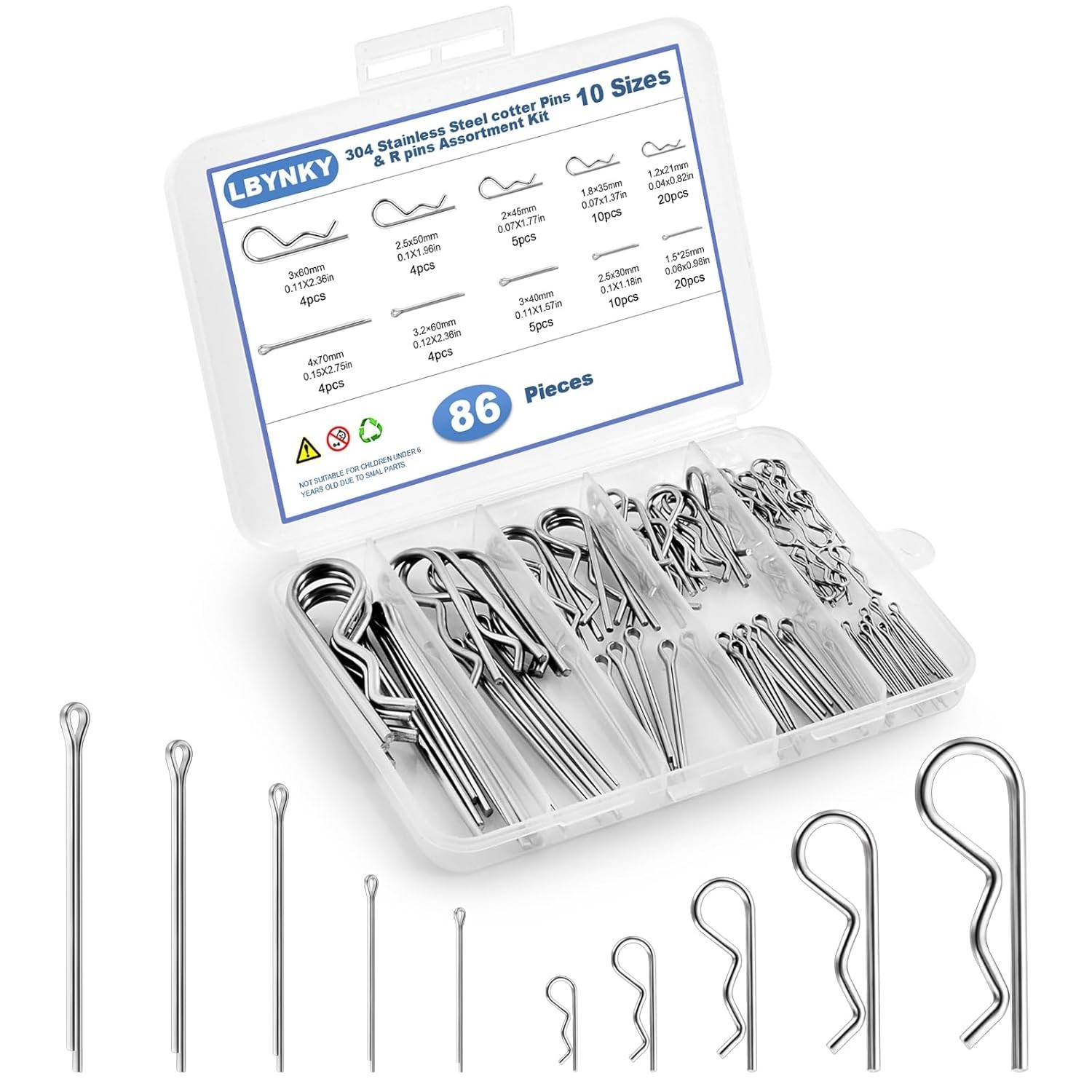 86 PCS Cotter Pin Assortment Kit, 10 Sizes Stainless Steel Cotter Pins & R Clips