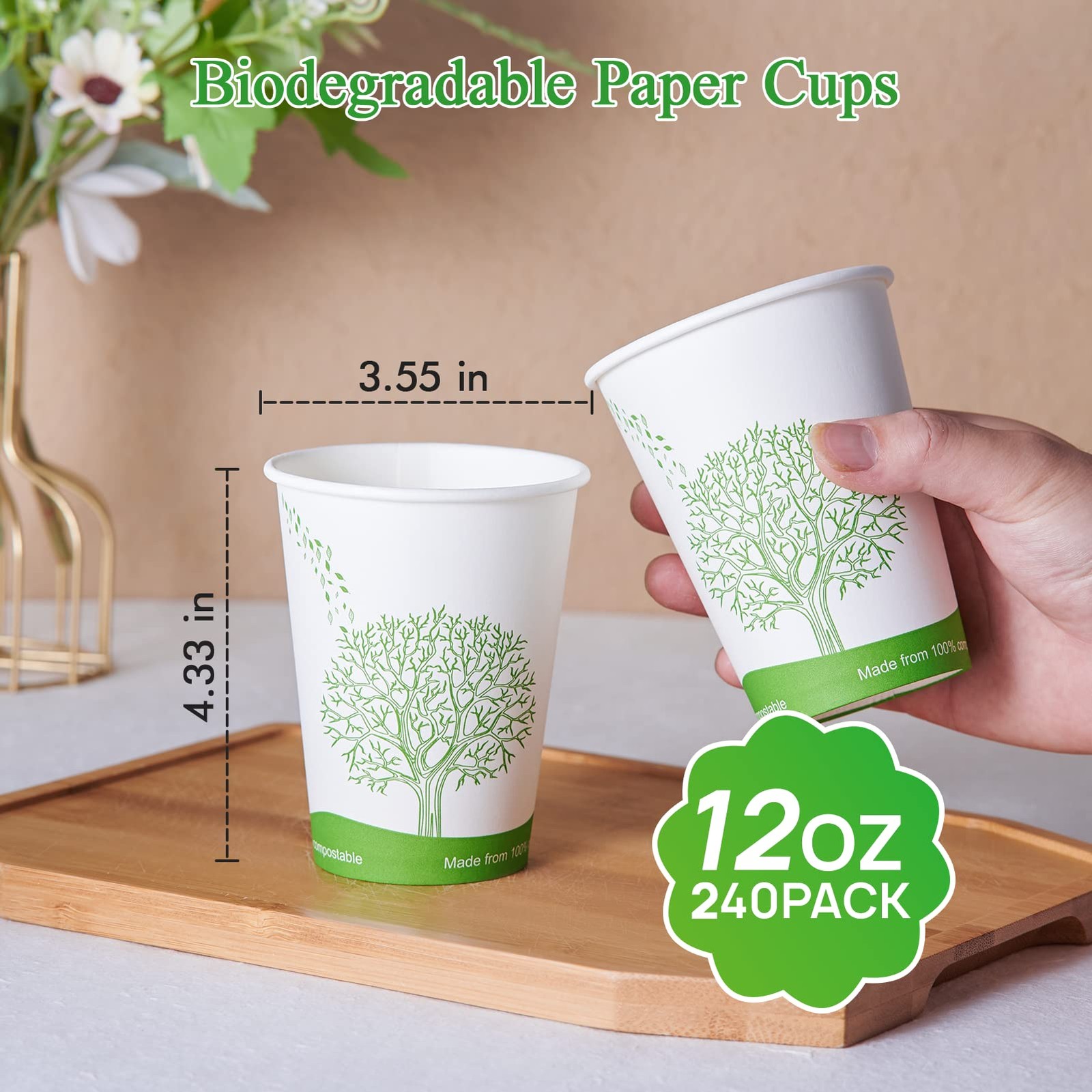 240 Count 12 Oz Compostable Paper Cups Biodegradable Disposable Paper Coffee Cup