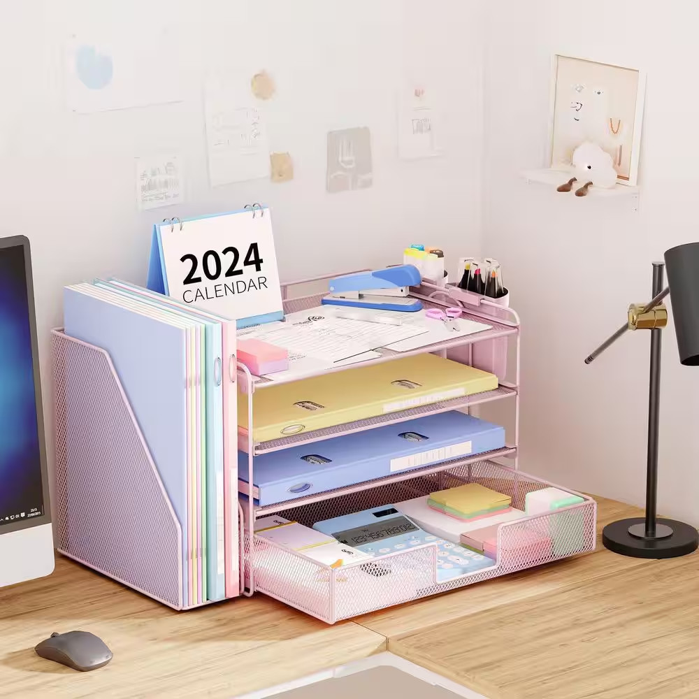 15.5 In. X 9.3 In. Reds/Pinks Metal Desk Organizer, Desk Accessoriesr with Drawe