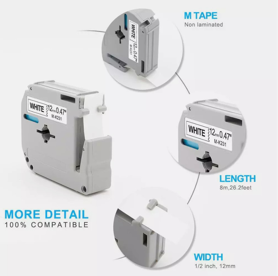 4pk Label Maker Tape 12mm 0.47 Compatible w/ Brother M-K231s P-Touch BLACK WHITE