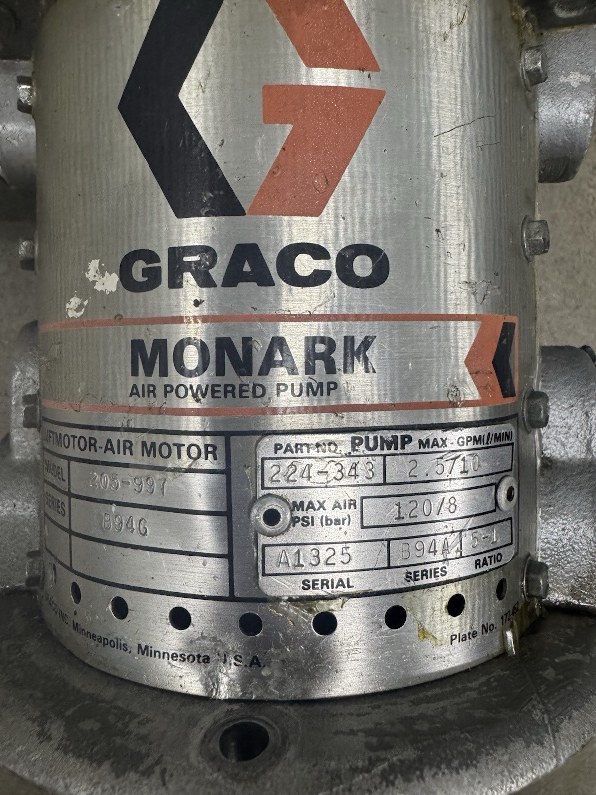 Graco Monark 205-997 224-343 Series B94A B94G Air Powered Pump 5:1 Ratio