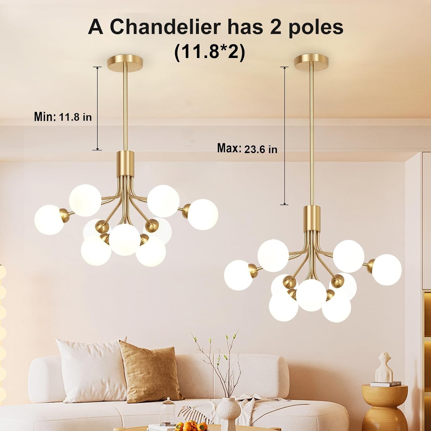 Mid Century Sputnik Chandelier 9-Light Gold Glass Globe 23.6″ G9
